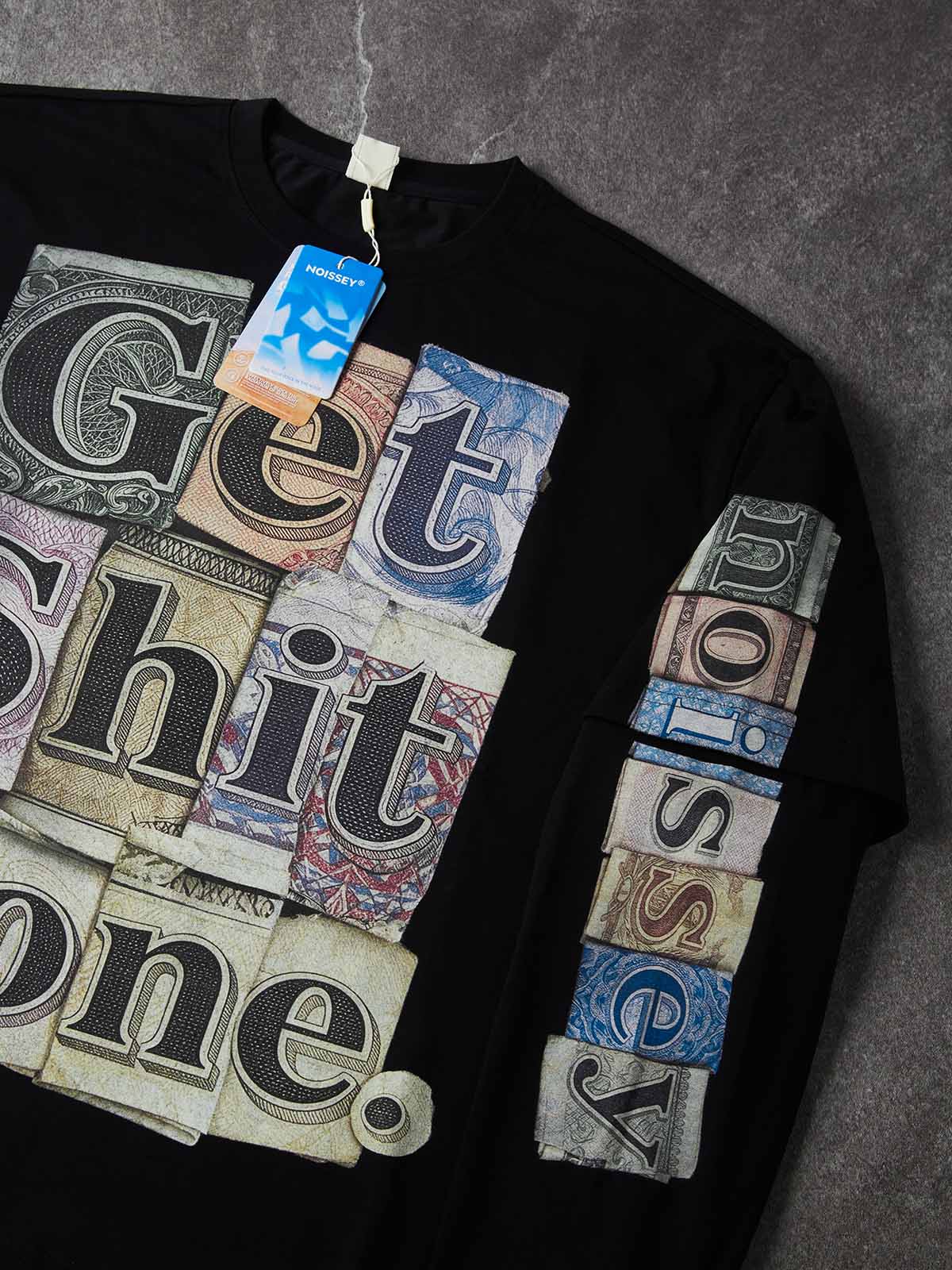 NOISSEY Money Collage "Get Shit Done" Streetwear Black Faux-Layer Long Sleeves