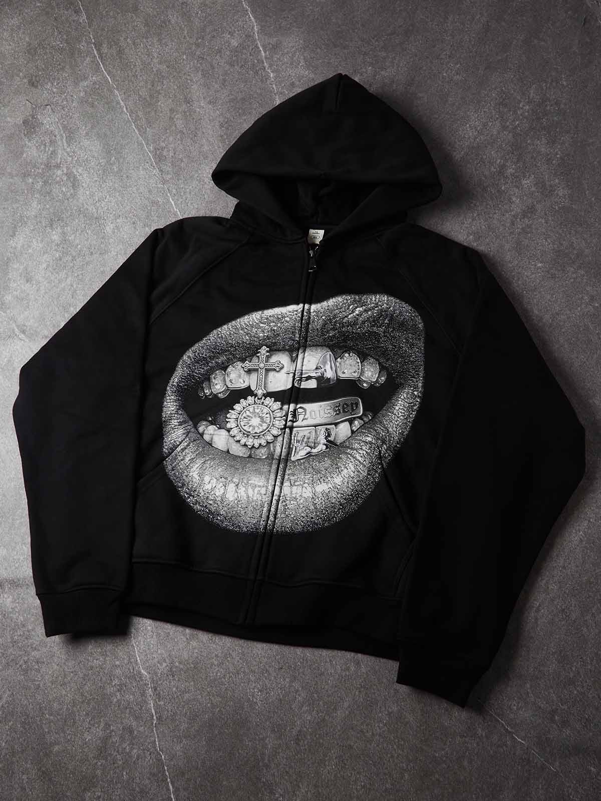 NOISSEY "Gothic Grill Lips" Zip-Up Hoodie - Black