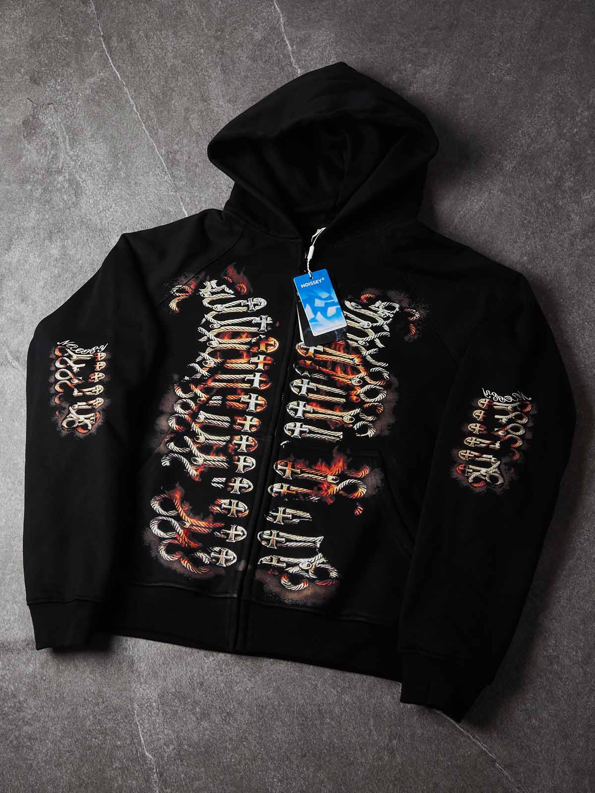 NOISSEY Flame Rope Cross Skeleton Zip-Up Hoodie - Pure Black