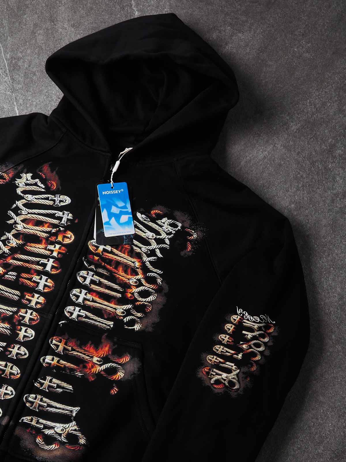 NOISSEY Flame Rope Cross Skeleton Zip-Up Hoodie - Pure Black