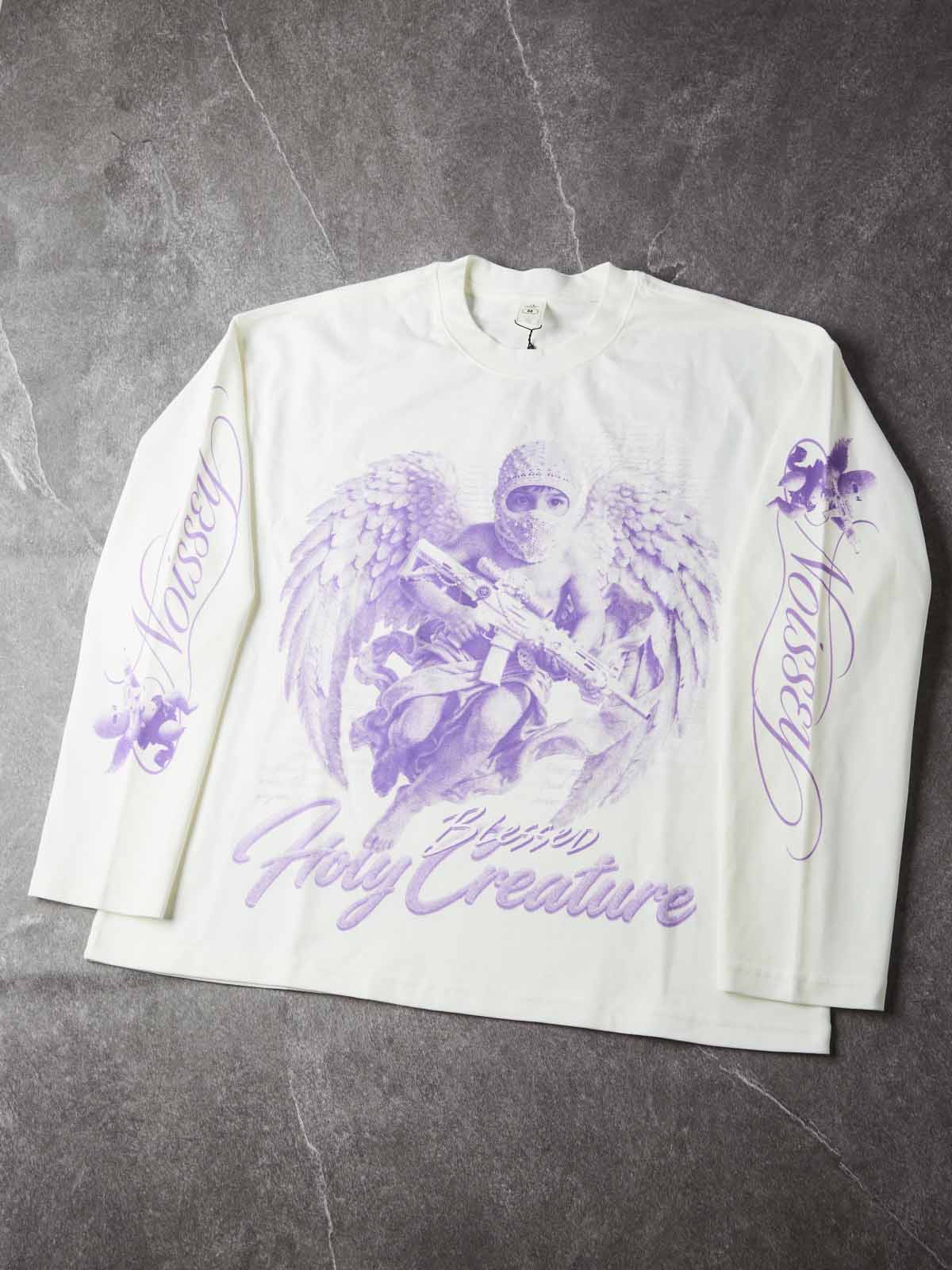NOISSEY Purple Tone Pearl Hooded Angel Lace Prop Gun White Long Sleeve Shirt