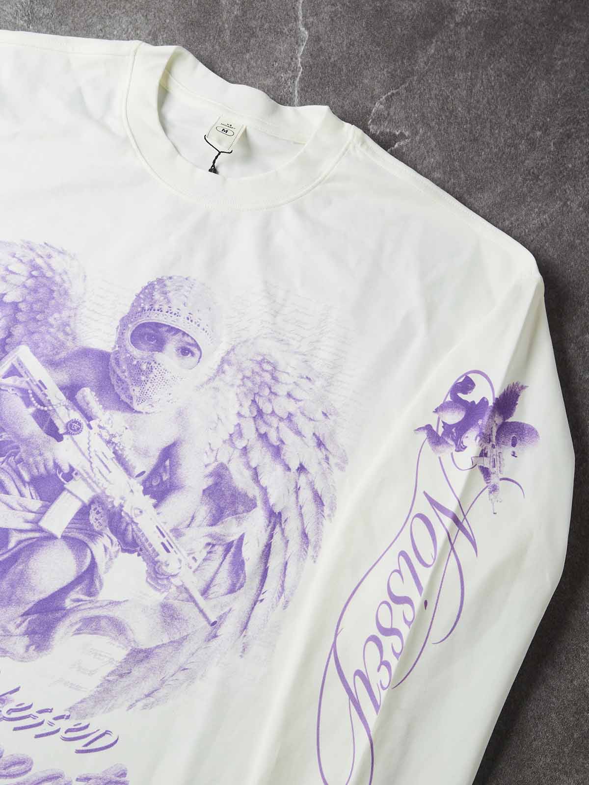 NOISSEY Purple Tone Pearl Hooded Angel Lace Prop Gun White Long Sleeve Shirt