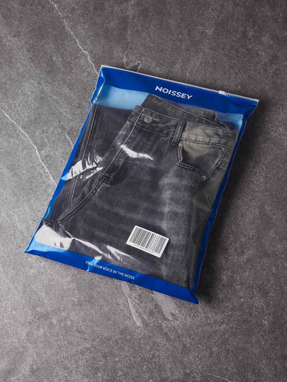 NOISSEY Cursive Script Distressed Graphic Black-Grey Washed Banana Baggy Jeans