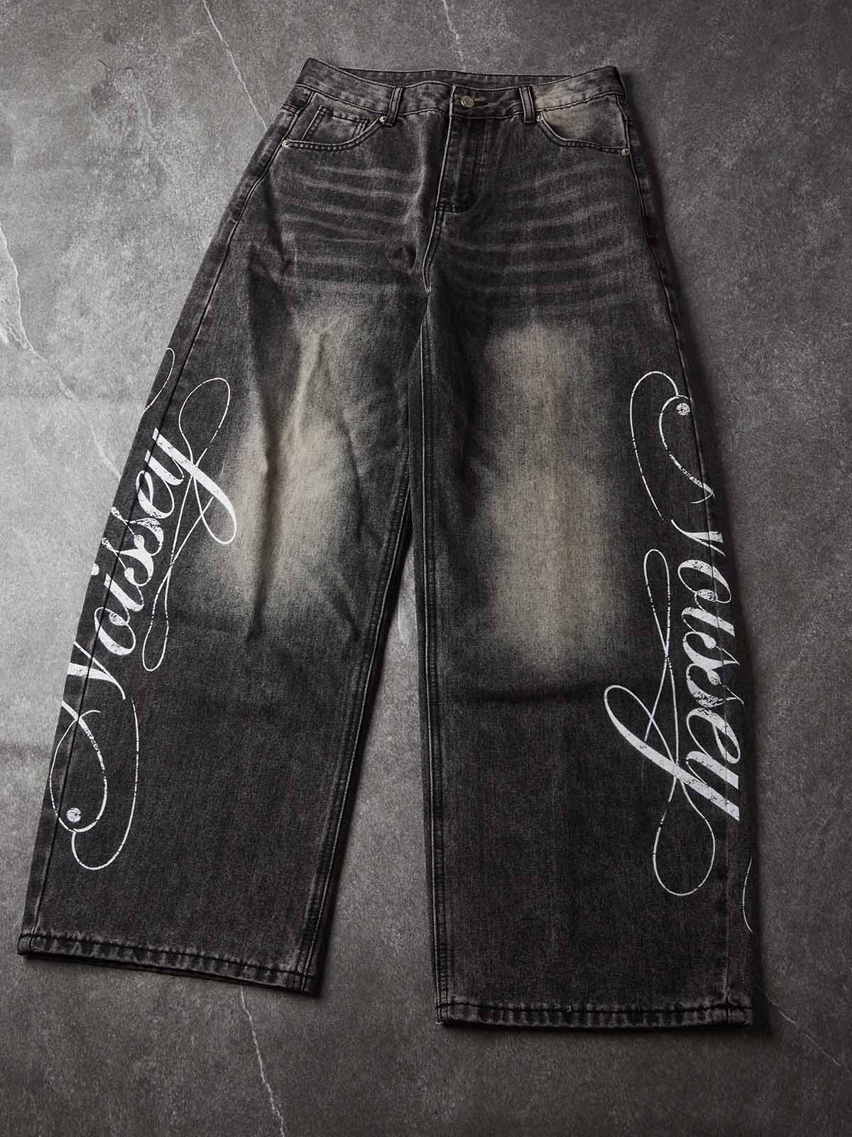 NOISSEY Cursive Script Distressed Graphic Black-Grey Washed Banana Baggy Jeans