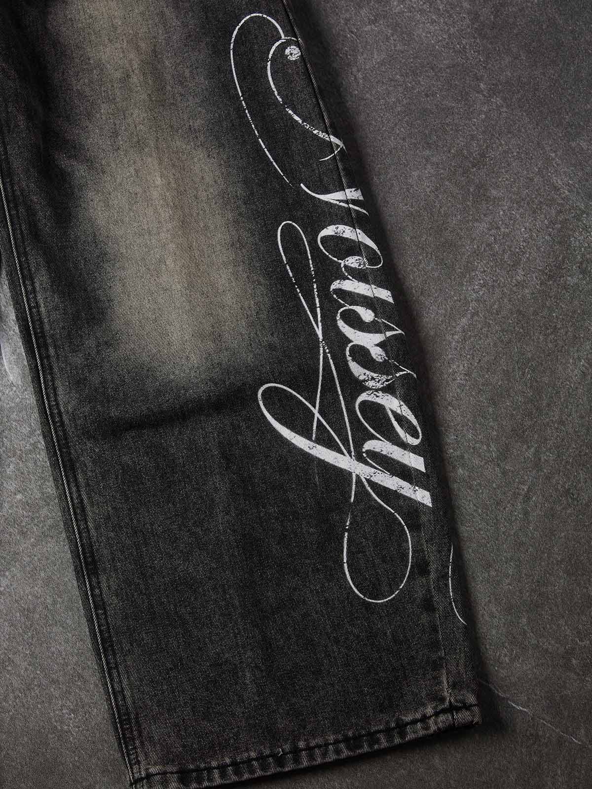 NOISSEY Cursive Script Distressed Graphic Black-Grey Washed Banana Baggy Jeans