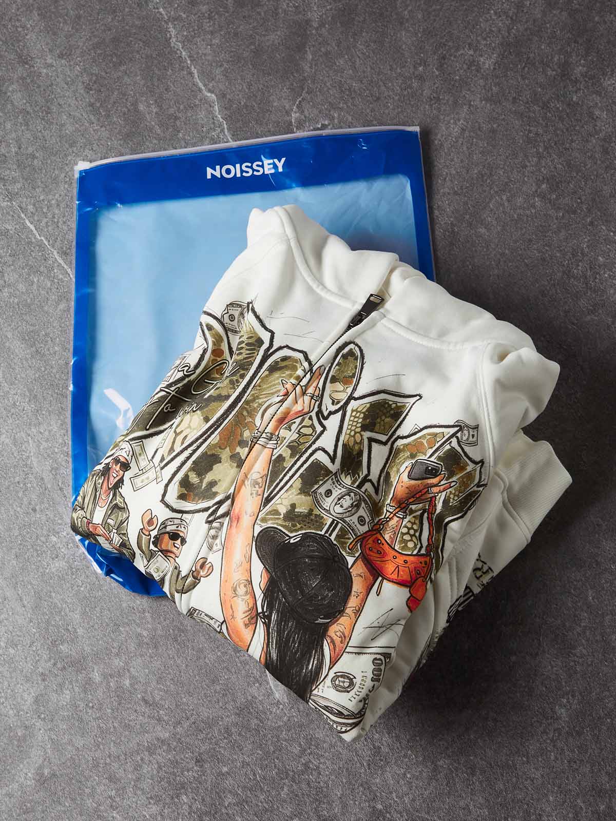 NOISSEY Camo Graffiti Supercar Hustle Theme White Zip-Up Hoodie