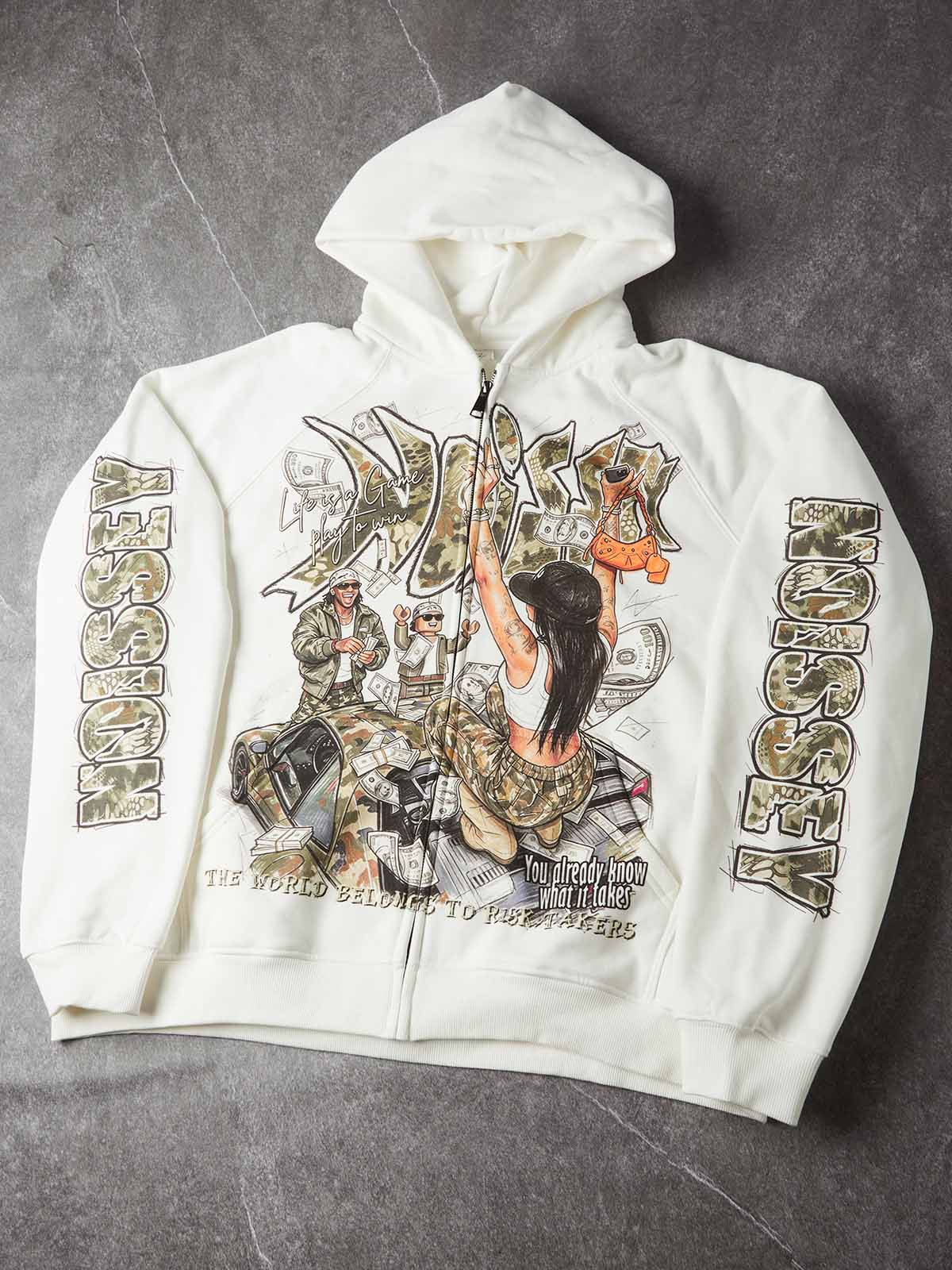 NOISSEY Camo Graffiti Supercar Hustle Theme White Zip-Up Hoodie