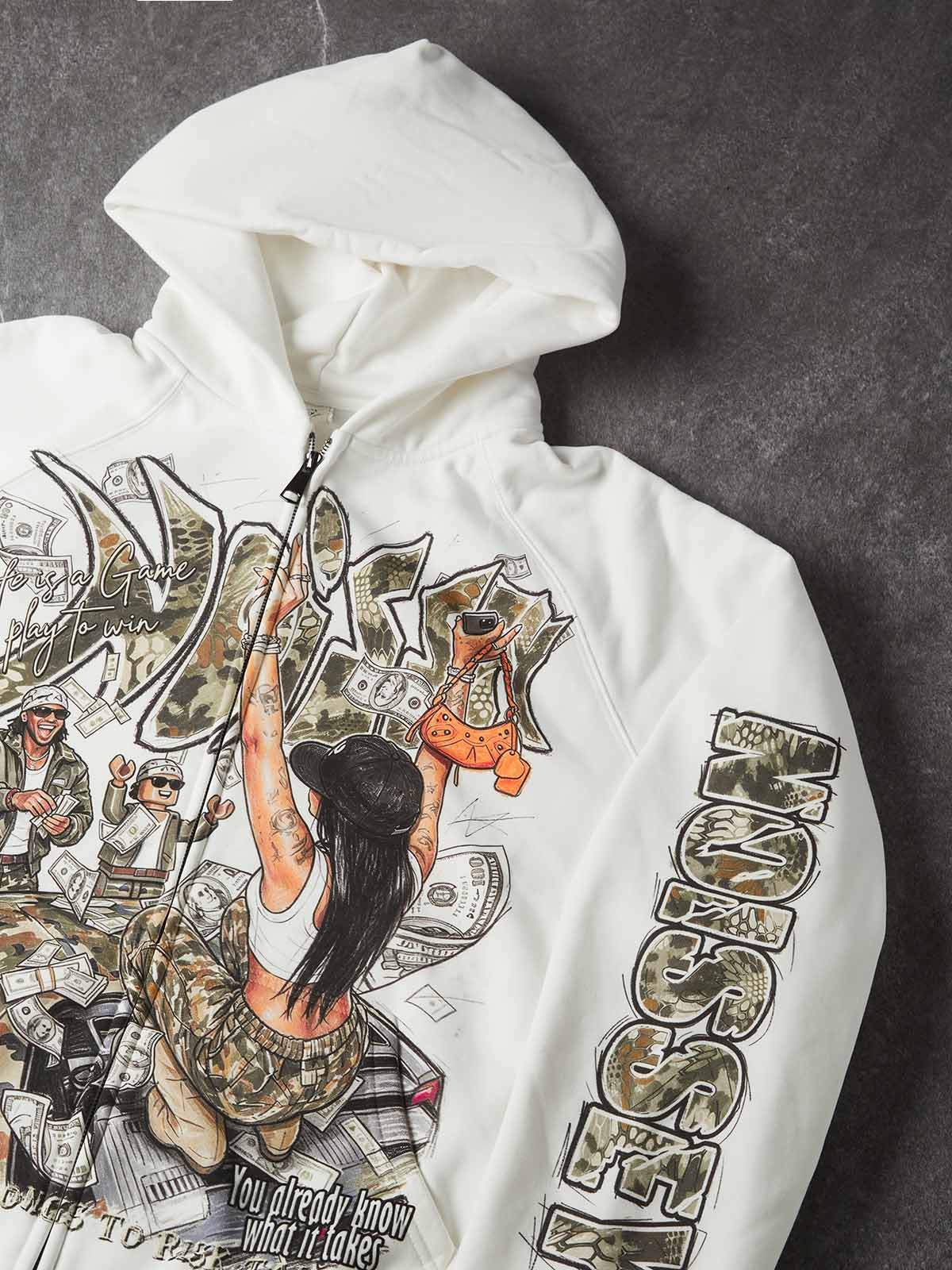 NOISSEY Camo Graffiti Supercar Hustle Theme White Zip-Up Hoodie