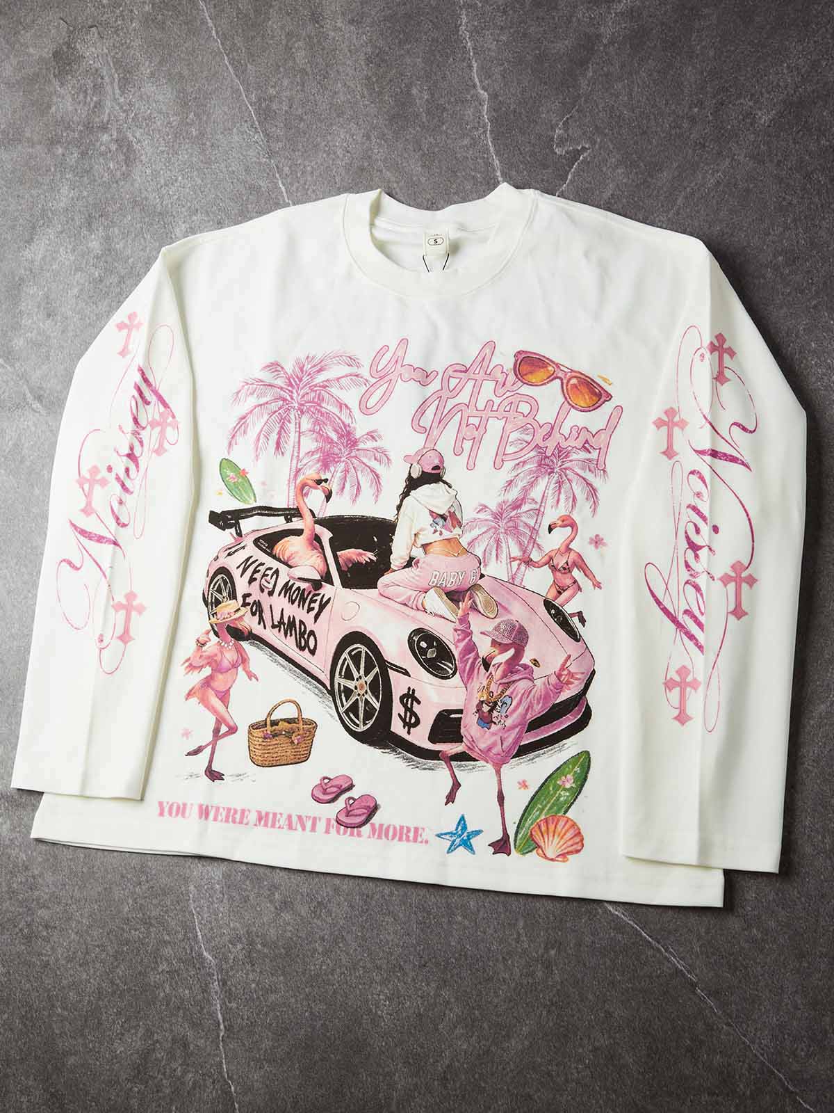 NOISSEY Pink Supercar Flamingo Resort Vibe White Long Sleeve Shirt