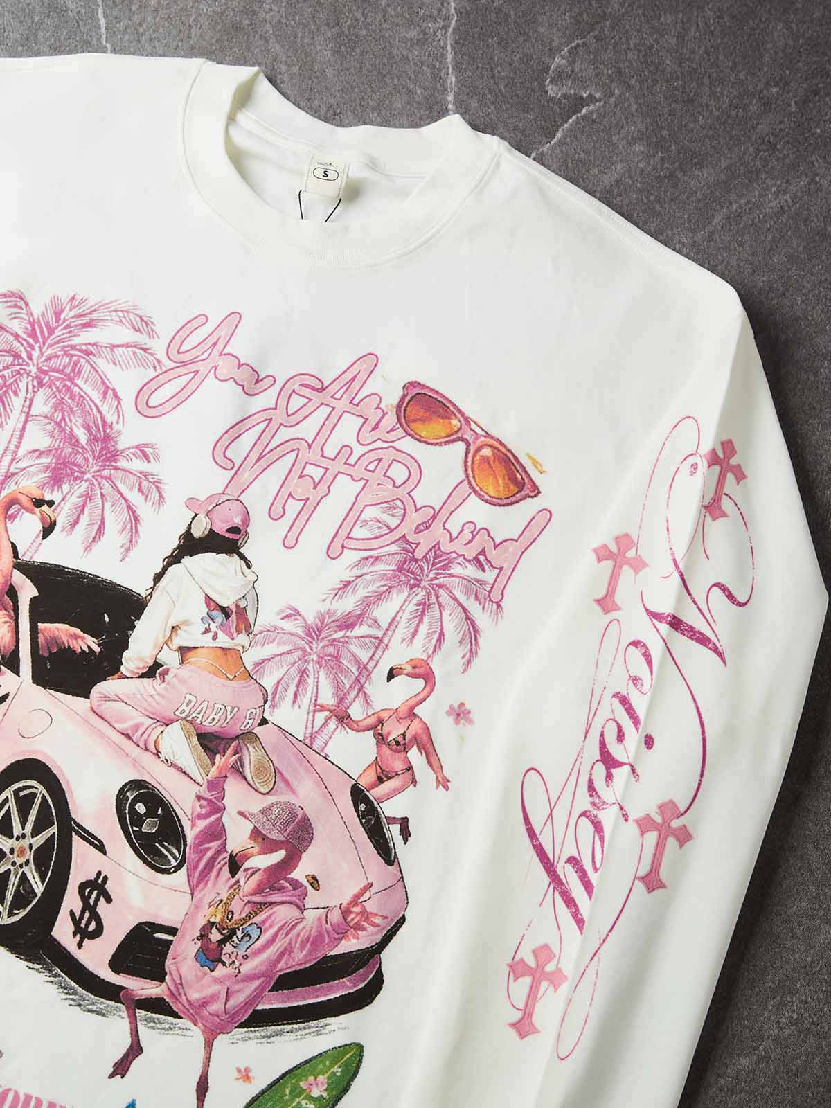 NOISSEY Pink Supercar Flamingo Resort Vibe White Long Sleeve Shirt
