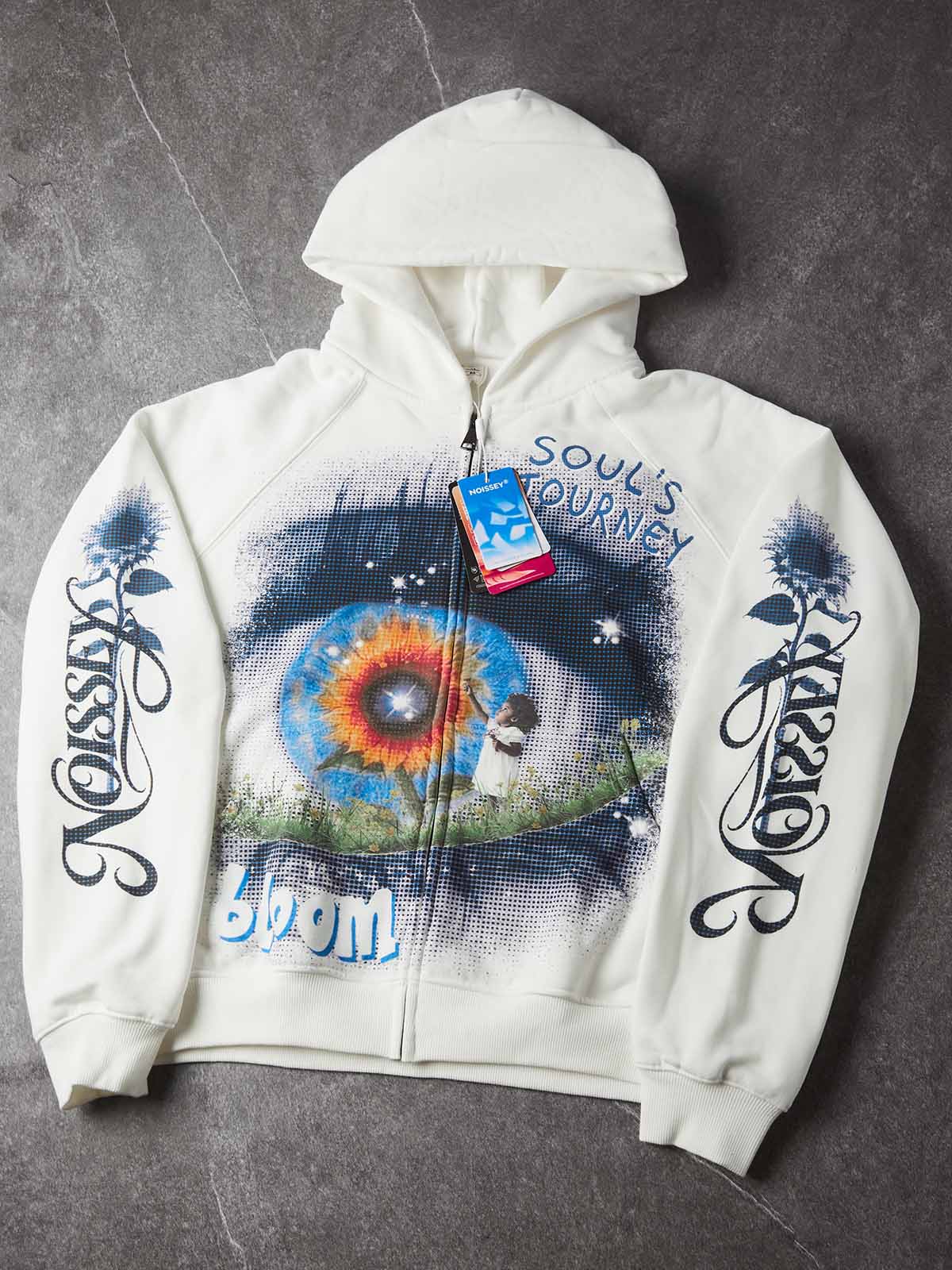 NOISSEY Soul's Journey Giant Blue Eye Sunflower Little Girl White Zip-Up Hoodie