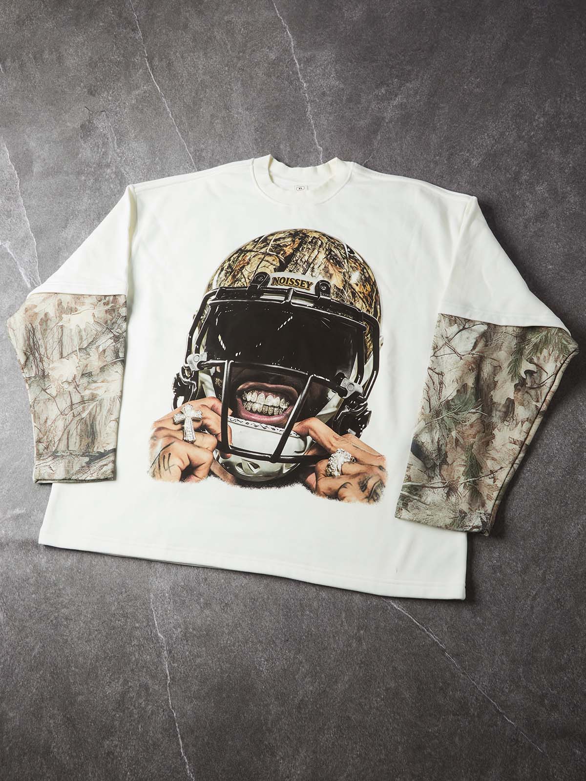 NOISSEY Camo Football Helmet Iced-Out Grillz Streetwear White Faux-Layer Long Sleeves