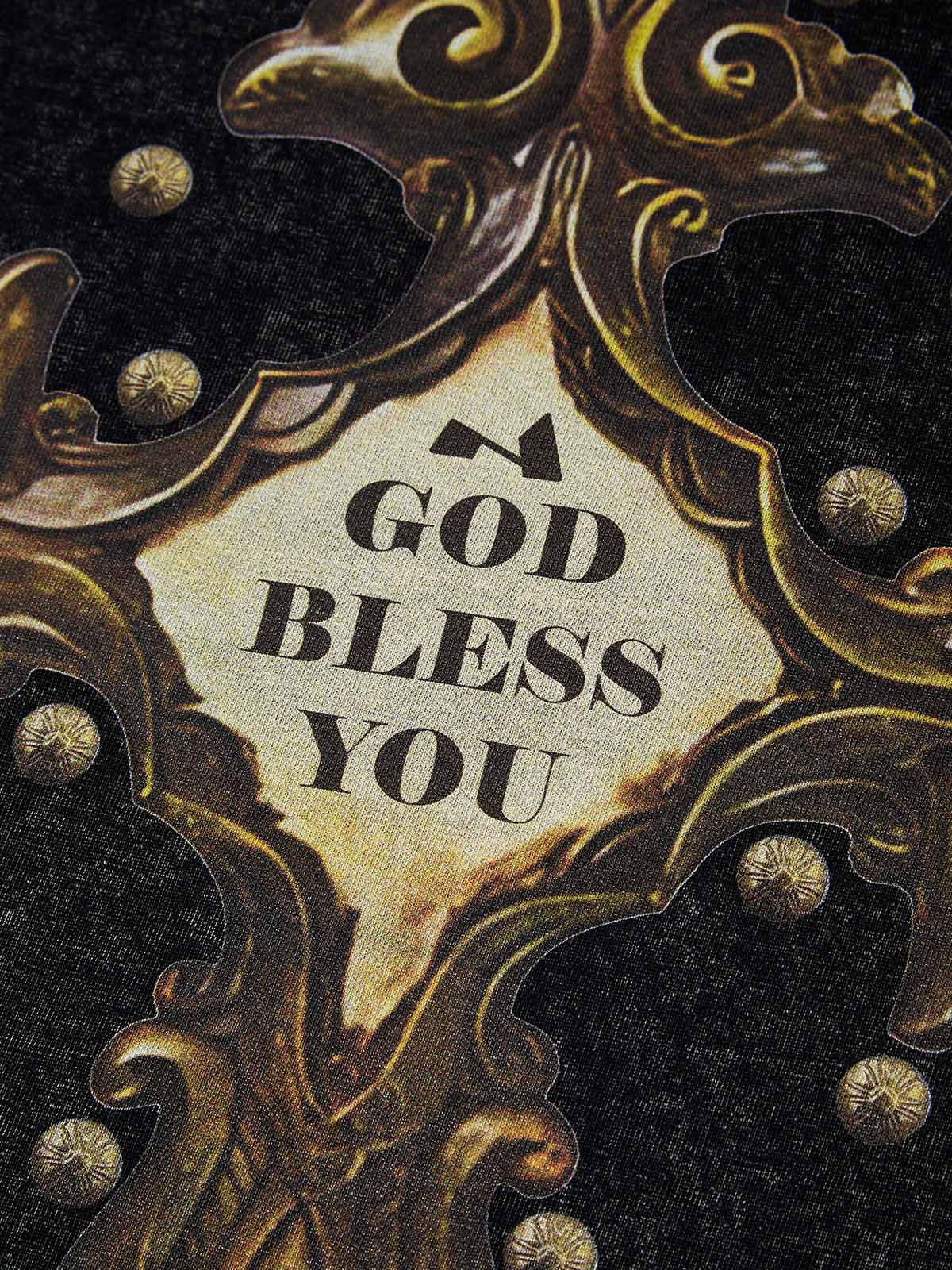 "God Bless You" Vintage Cross Printed Wash 270g T-shirt