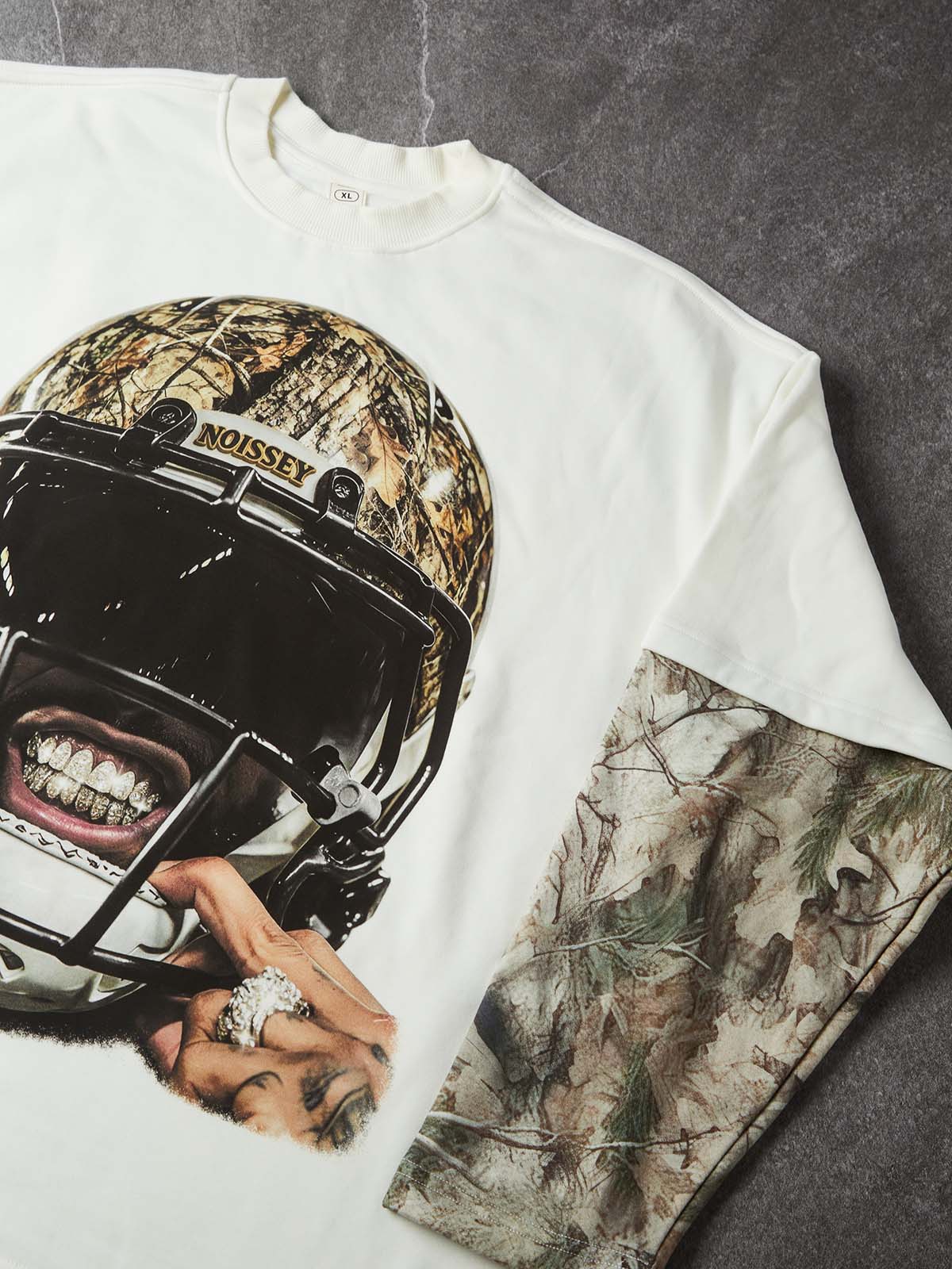 NOISSEY Camo Football Helmet Iced-Out Grillz Streetwear White Faux-Layer Long Sleeves