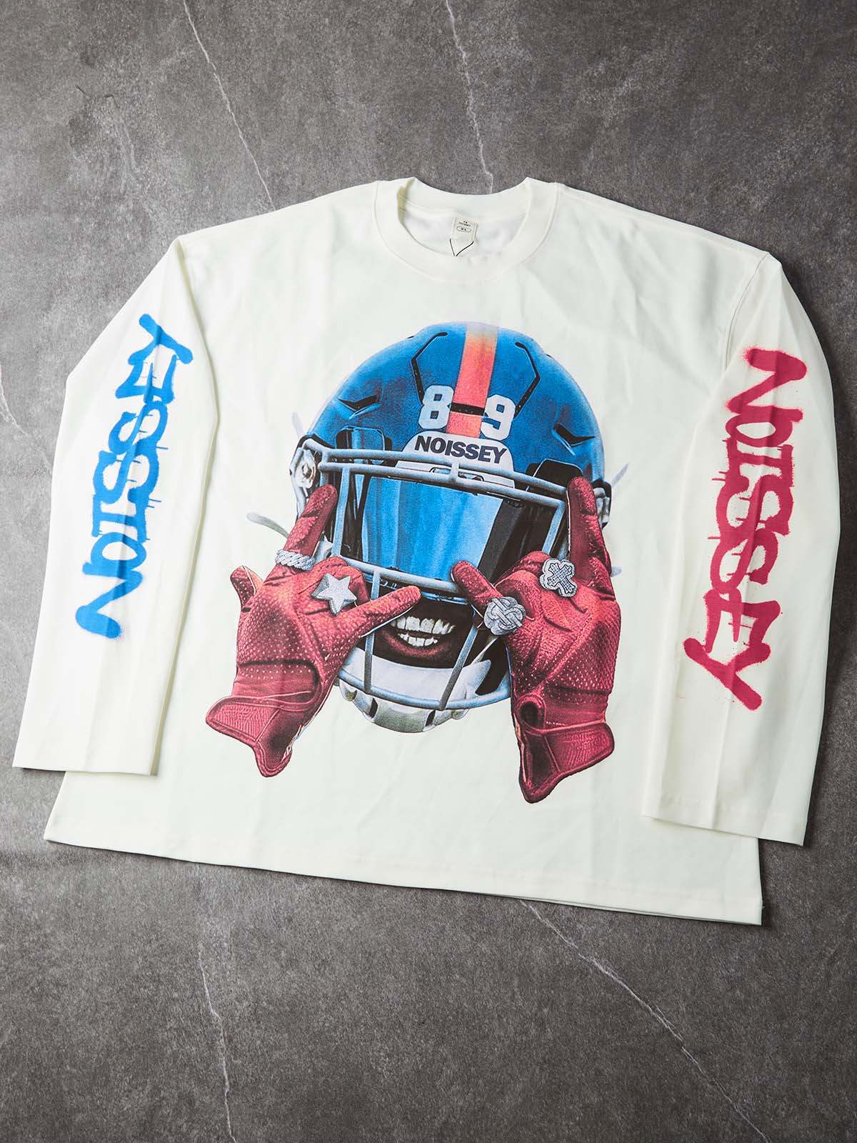 NOISSEY Red &amp; Blue Football Helmet Dual-Color Sleeve White Long Sleeve Shirt