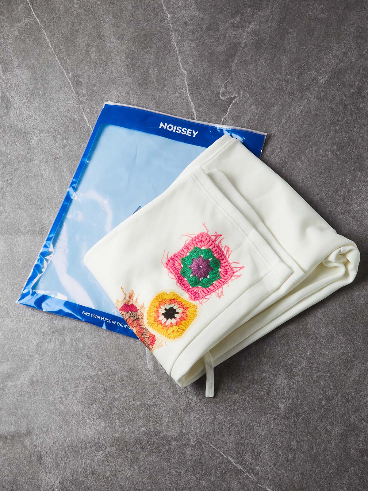 NOISSEY Granny Square Crochet Print Heavyweight Sweatpants - White Streetwear Pants