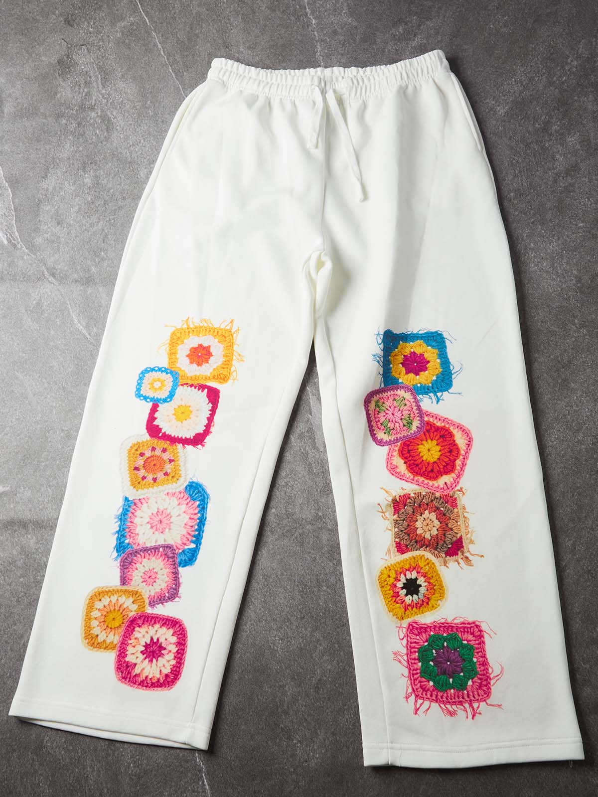 NOISSEY Granny Square Crochet Print Heavyweight Sweatpants - White Streetwear Pants