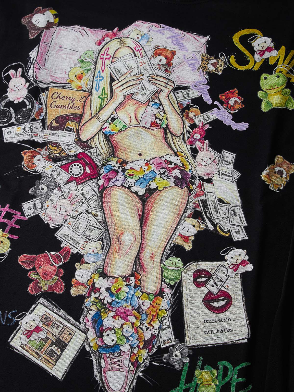 NOISSEY Crayon Graffiti Plush Girl Graphic Sweatshirt - Black & White Streetwear Crewneck