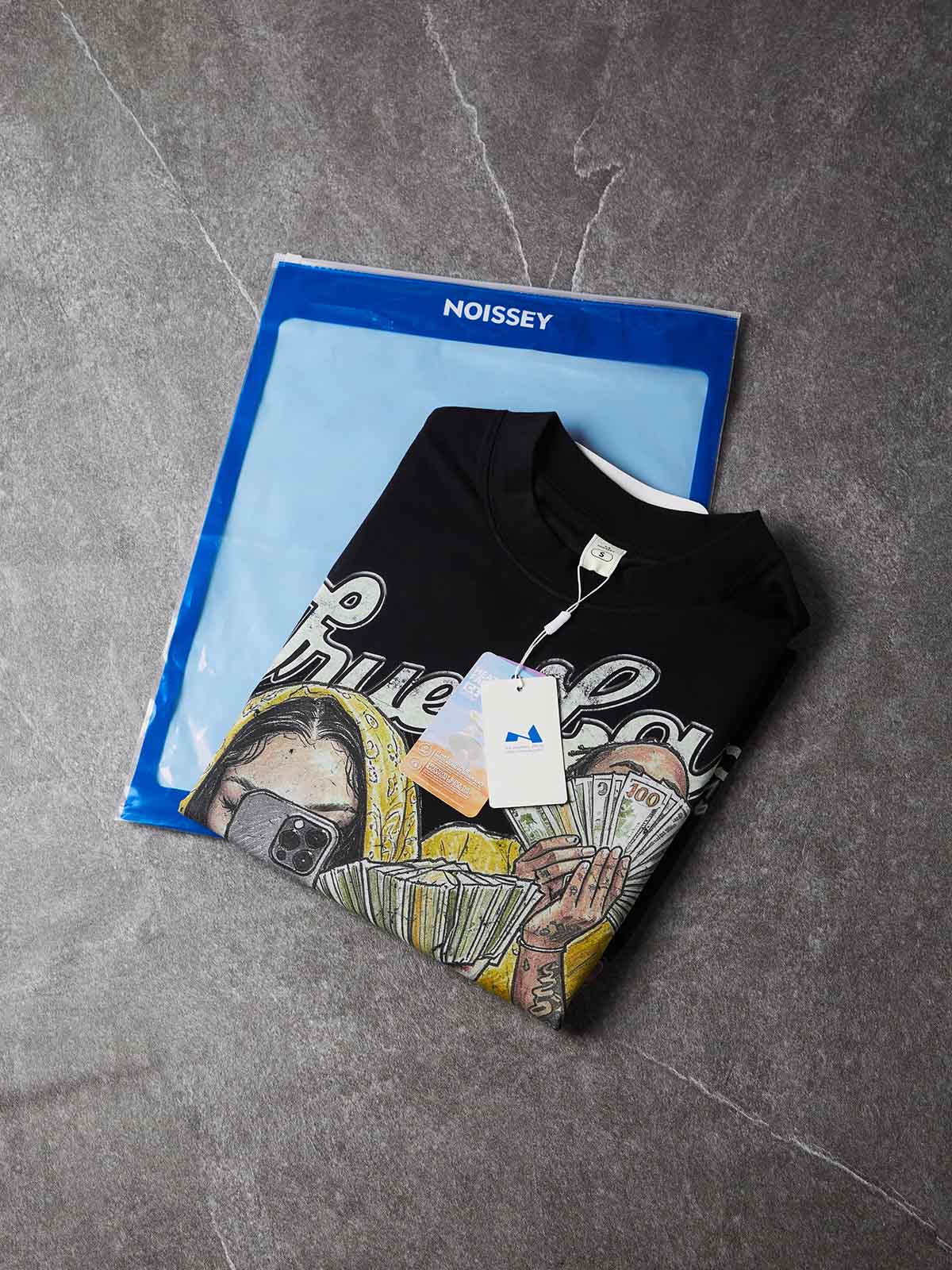 NOISSEY "True Love" Money Couple & YOLO Graphic Oversized Black T-Shirt