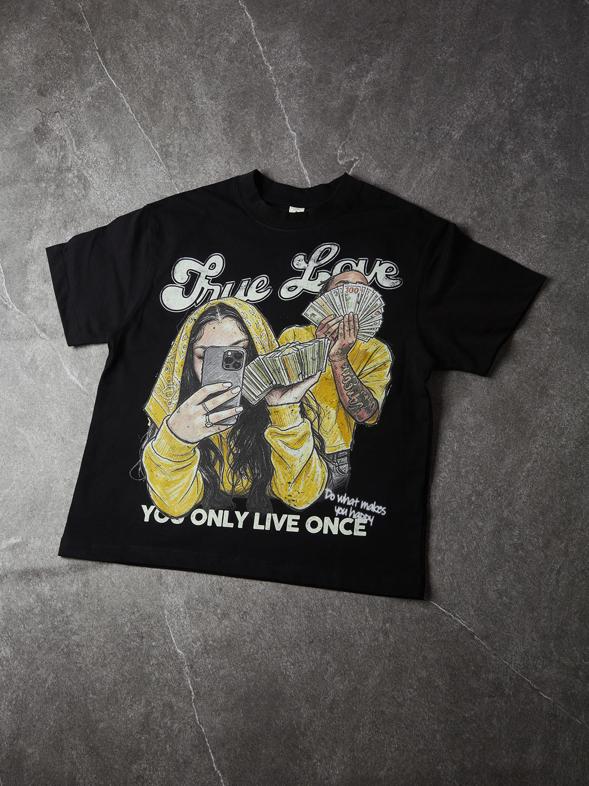 NOISSEY "True Love" Money Couple & YOLO Graphic Oversized Black T-Shirt
