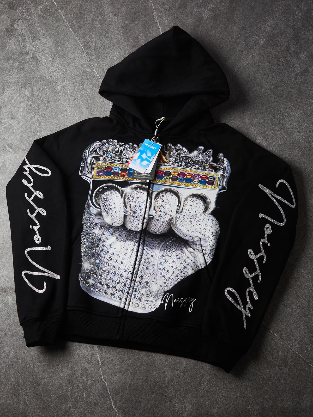 NOISSEY Iced-Out The Last Supper Brass Knuckles Black Zip-Up Hoodie