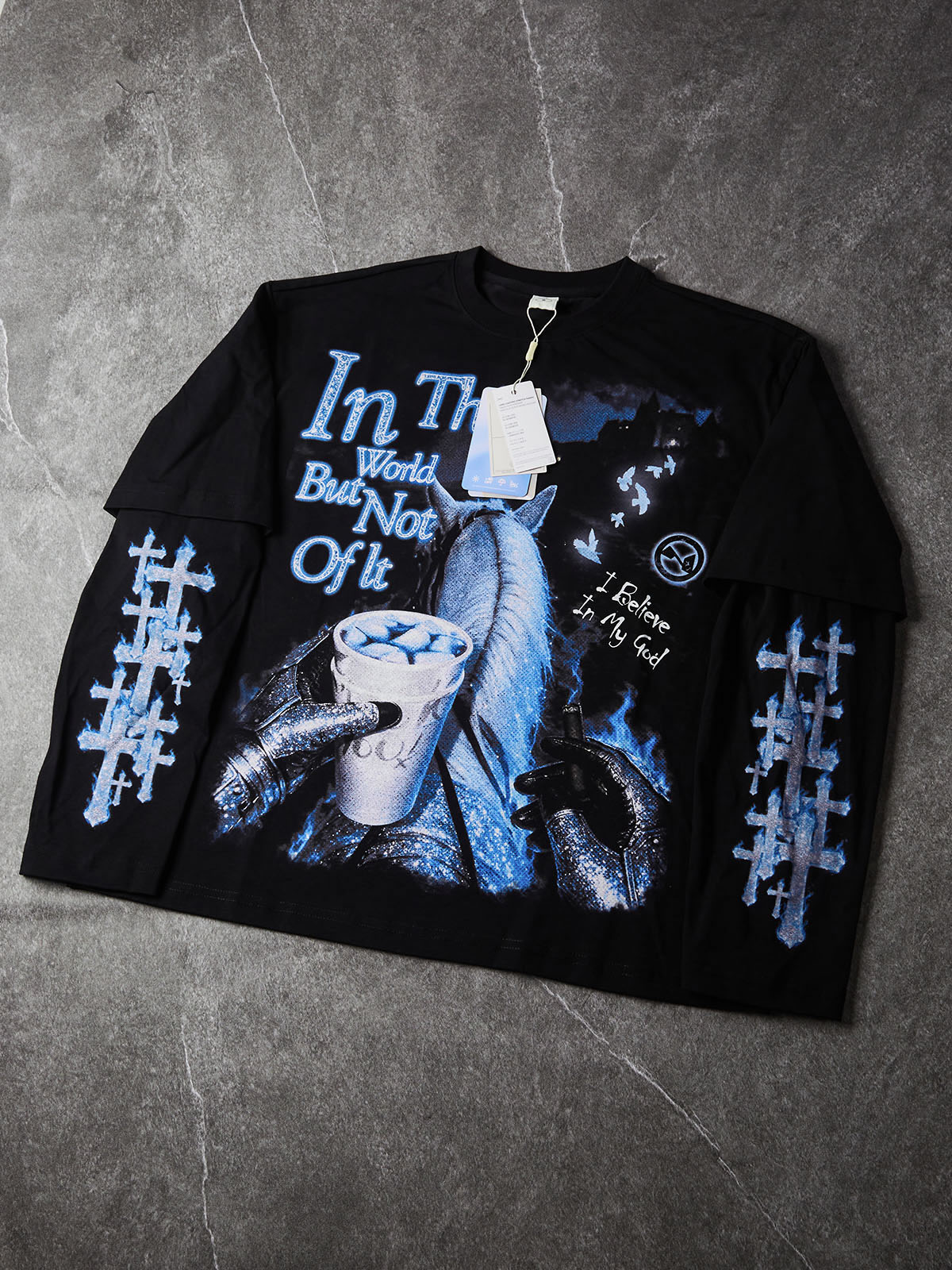 NOISSEY "In This World" Knight & White Horse Purple Cup Faux Layer Long Sleeve Tee