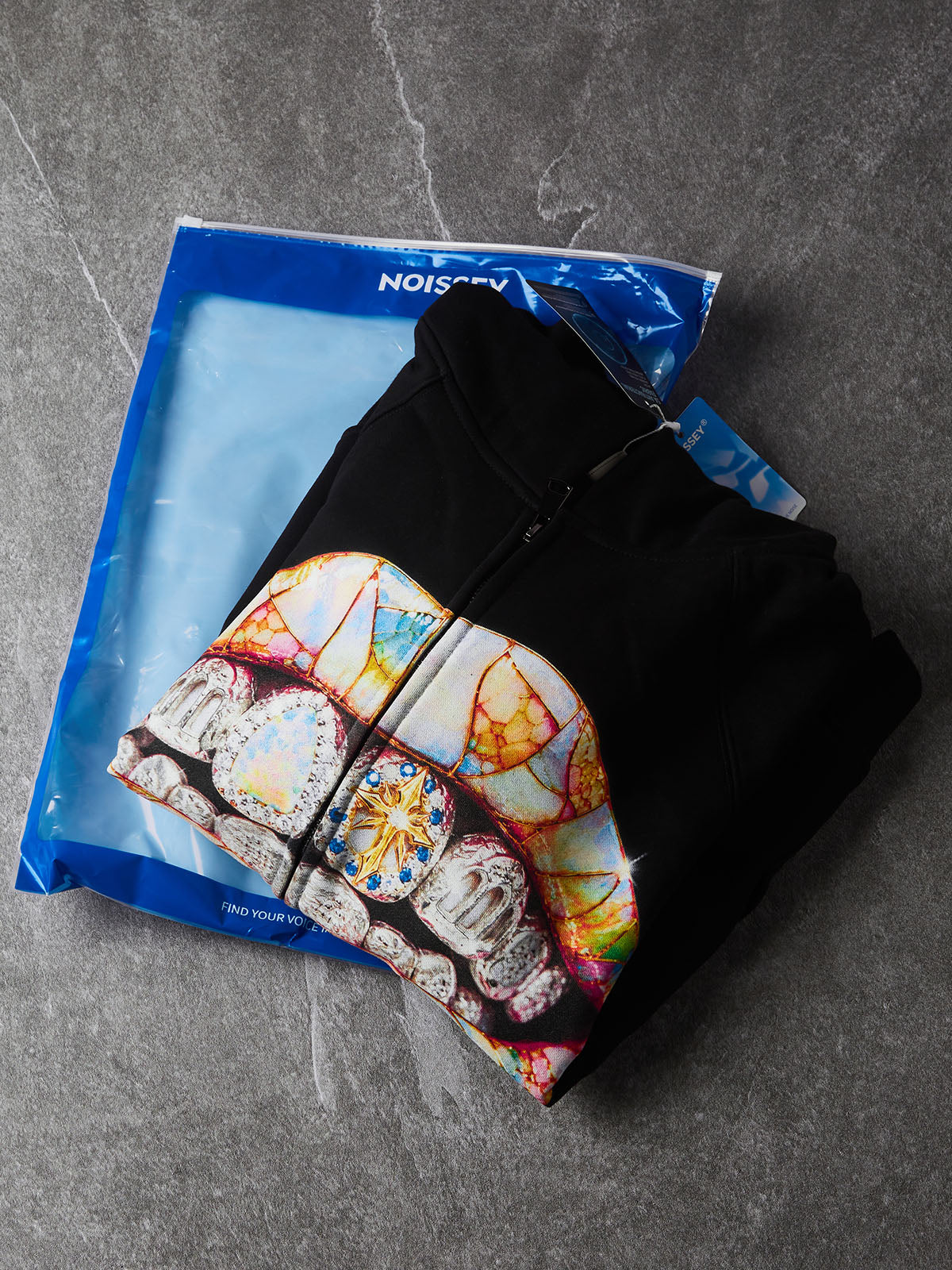 NOISSEY Stained Glass Lips & Diamond Grillz Cross Zip-Up Black Hoodie