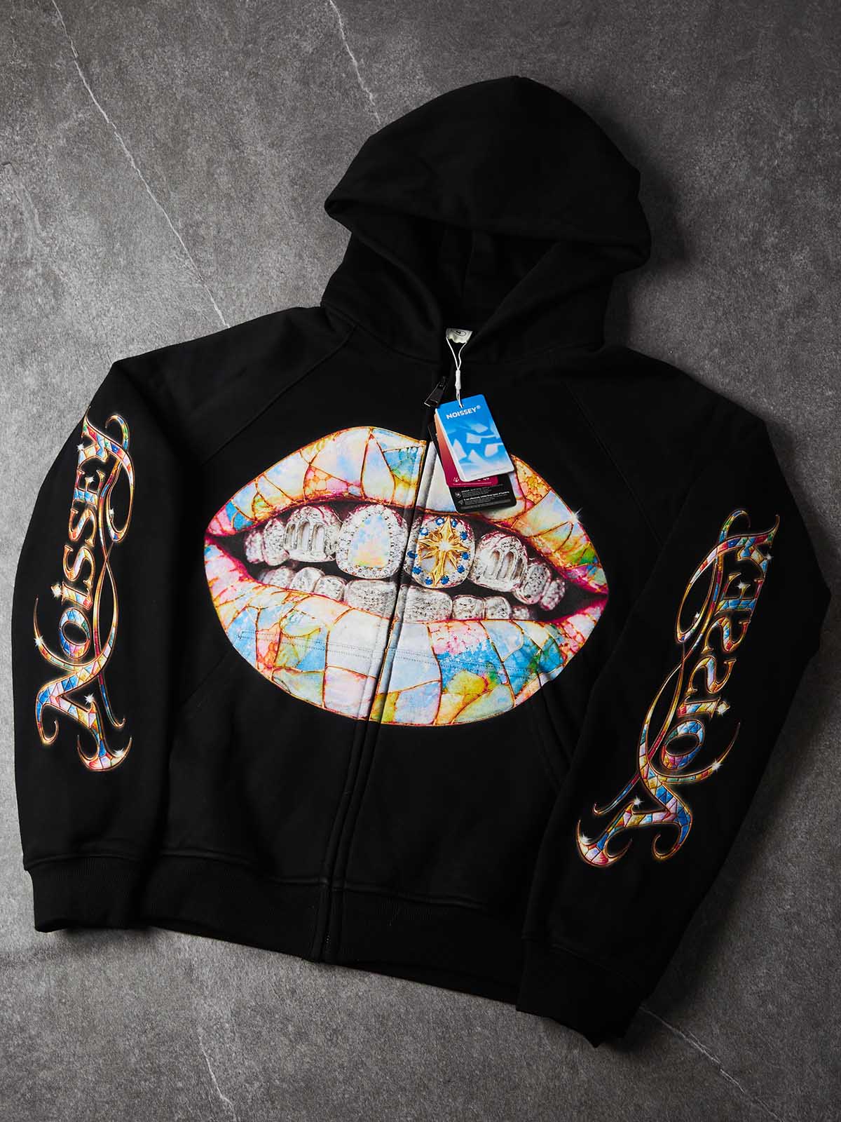 NOISSEY Stained Glass Lips & Diamond Grillz Cross Zip-Up Black Hoodie