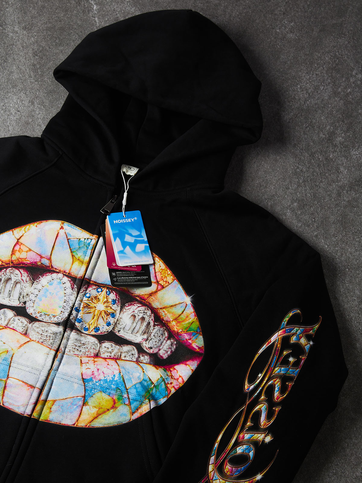 NOISSEY Stained Glass Lips & Diamond Grillz Cross Zip-Up Black Hoodie