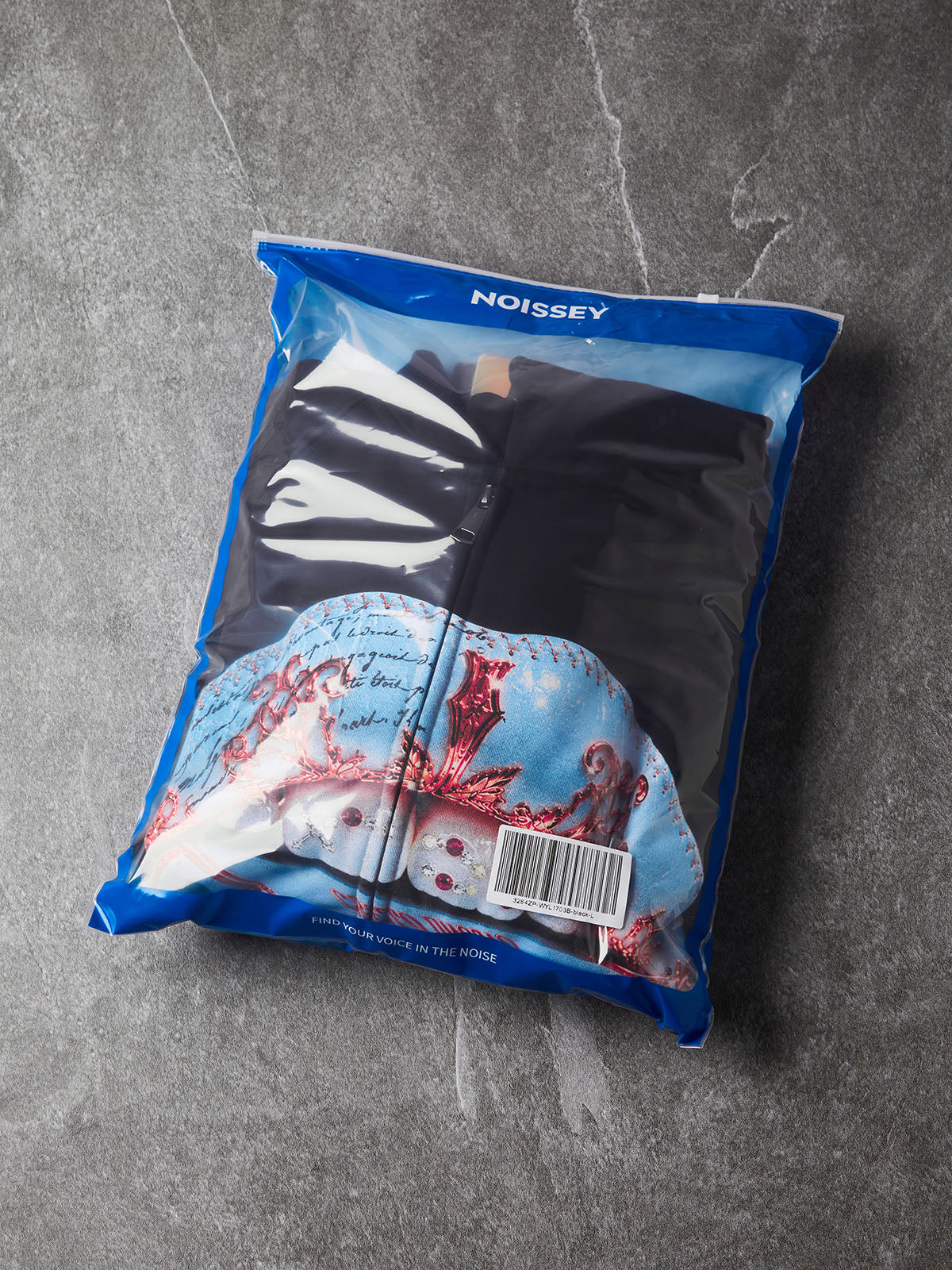 NOISSEY Light Blue Stitched Leather Lips & Holy Scripture Bible Zip-Up Black Hoodie