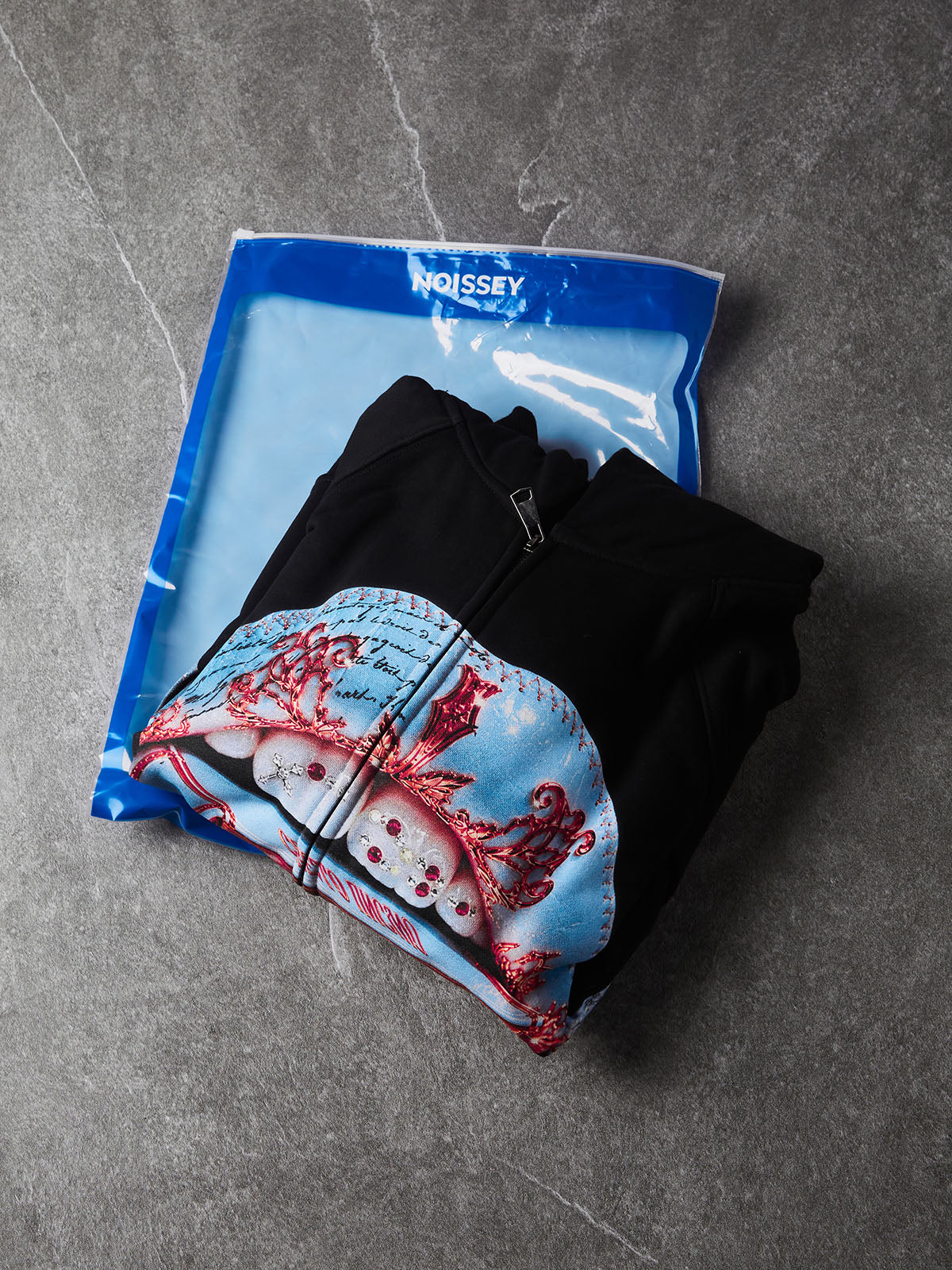 NOISSEY Light Blue Stitched Leather Lips & Holy Scripture Bible Zip-Up Black Hoodie