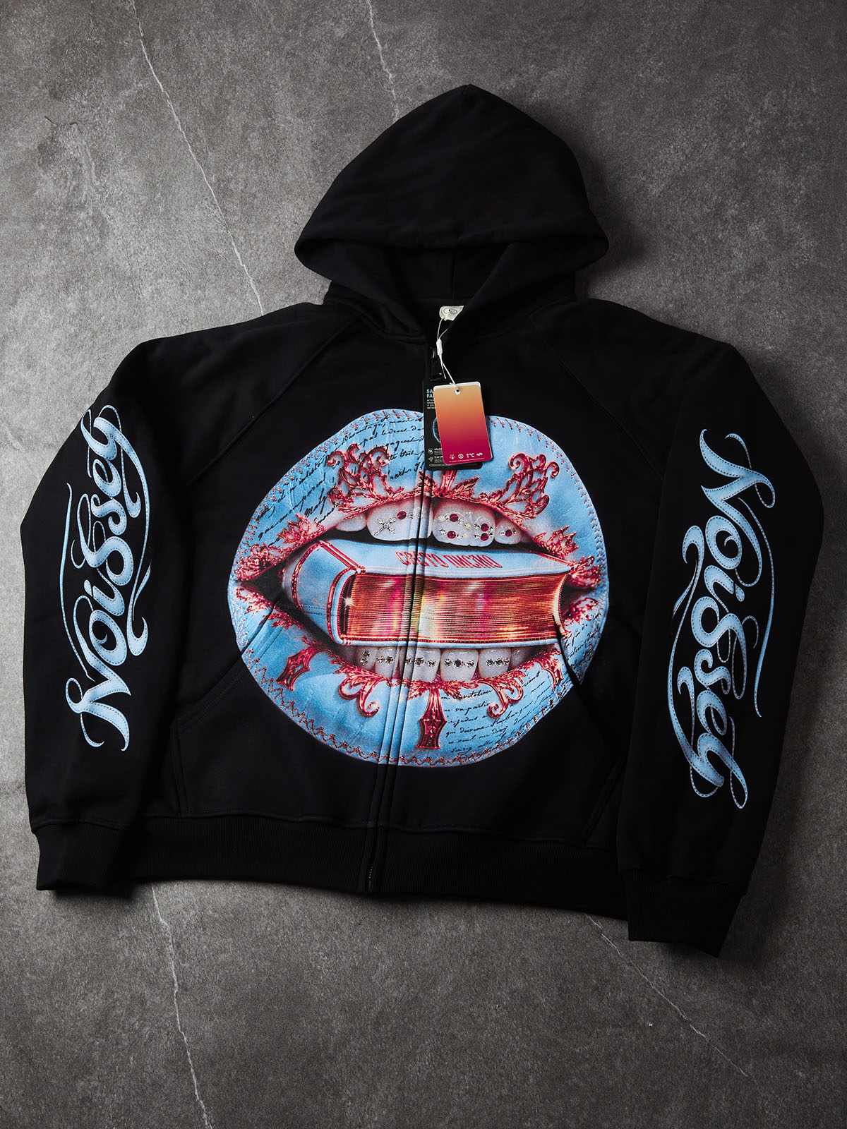 NOISSEY Light Blue Stitched Leather Lips & Holy Scripture Bible Zip-Up Black Hoodie