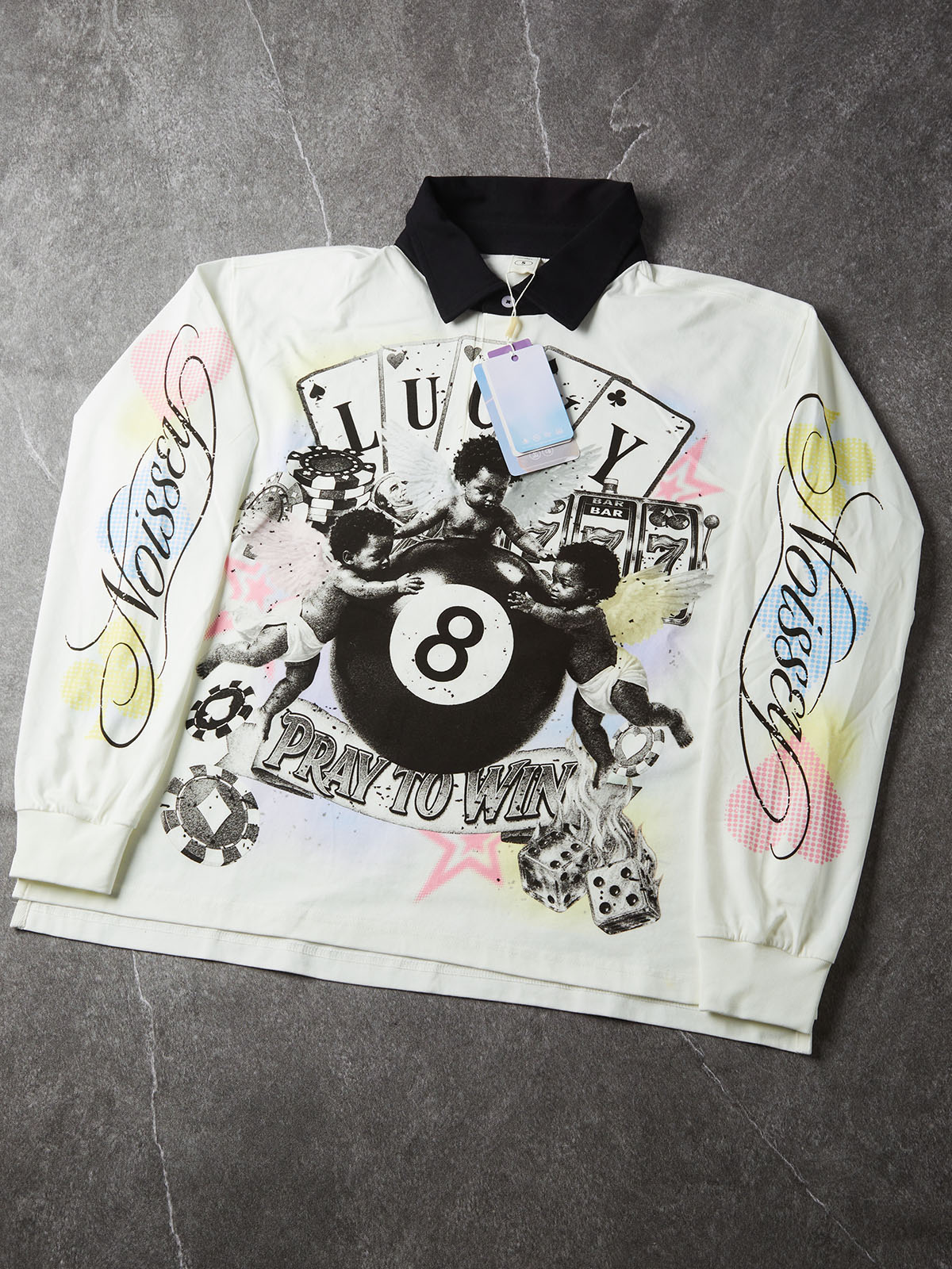NOISSEY "Pray to Win" Three Angels & Lucky 8-Ball Graphic Polo Shirt
