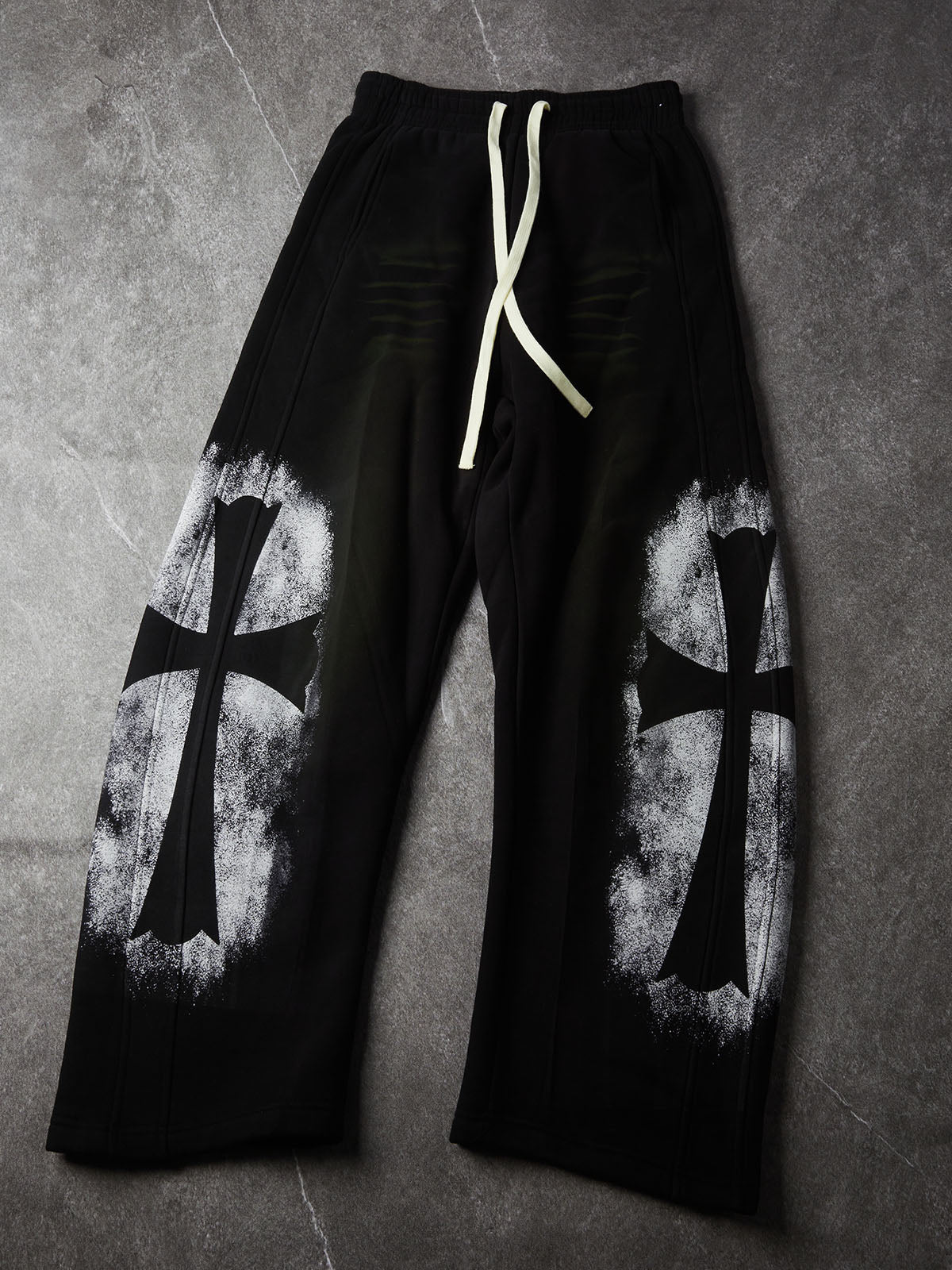 NOISSEY "Gothic Cross" Distressed Curved Black Long Pants