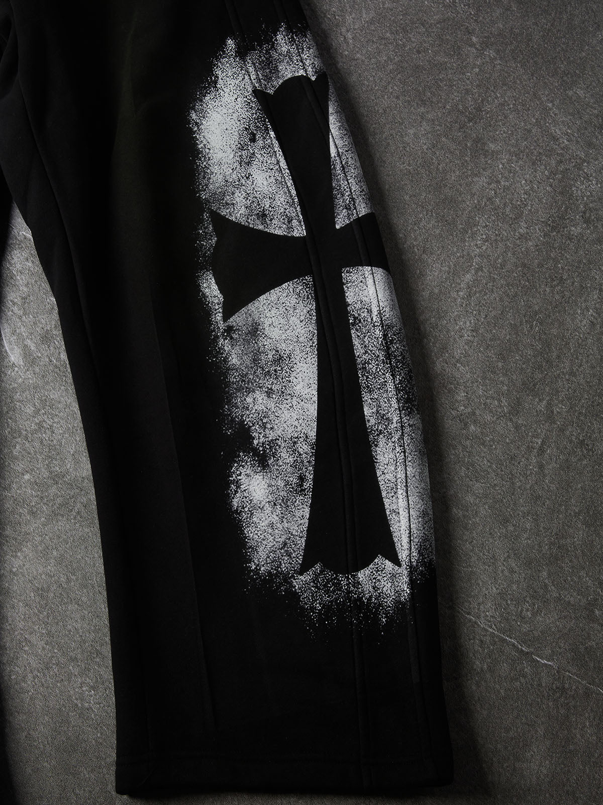 NOISSEY "Gothic Cross" Distressed Curved Black Long Pants