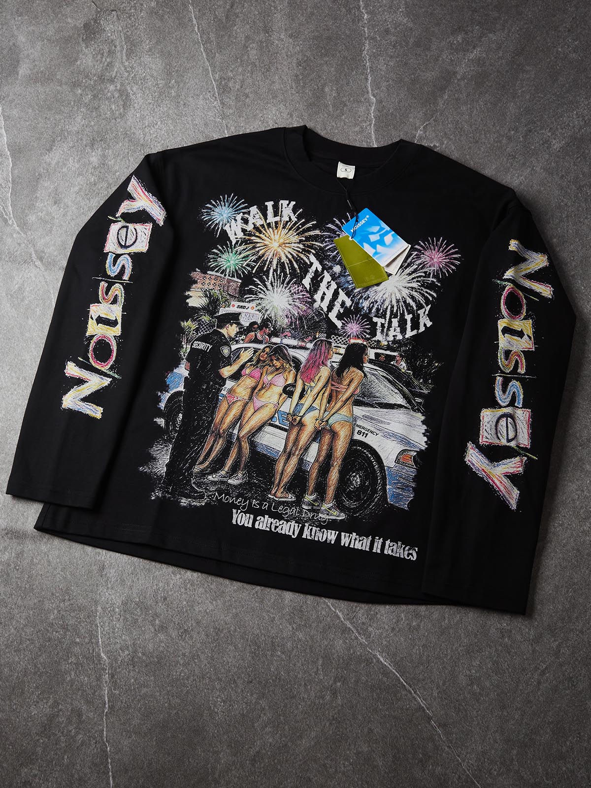 NOISSEY "WALK THE TALK" Party Police & Fireworks Crayon Graffiti Black Long Sleeve Tee