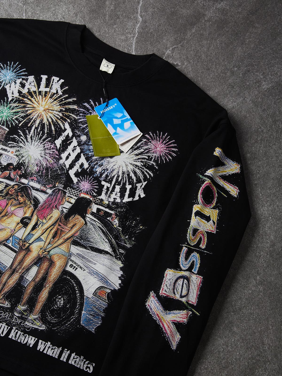 NOISSEY "WALK THE TALK" Party Police & Fireworks Crayon Graffiti Black Long Sleeve Tee