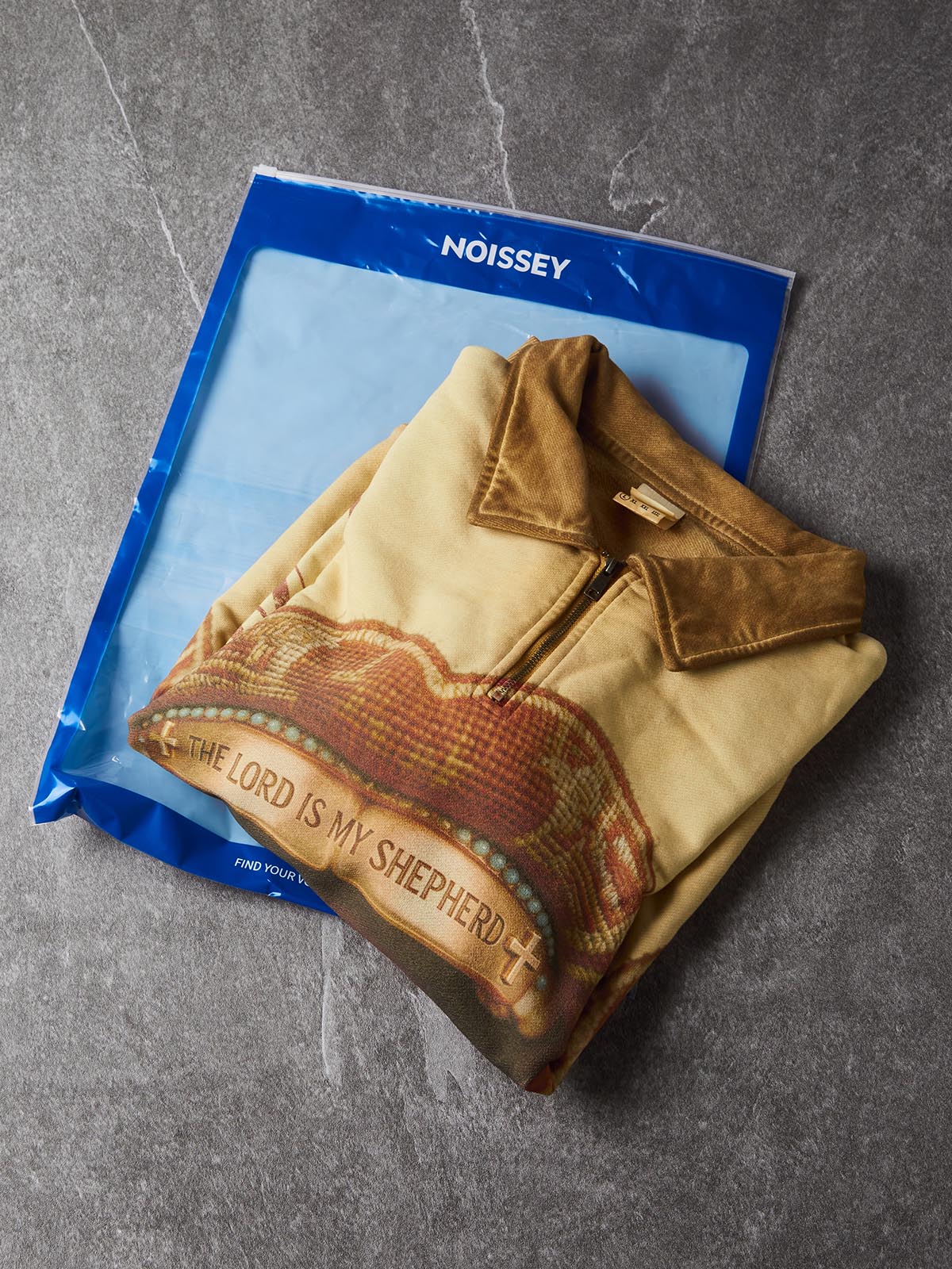 NOISSEY "The Lord Is My Shepherd" Woven Lips & Scripture Grillz Khaki Half-Zip Long Sleeve Polo