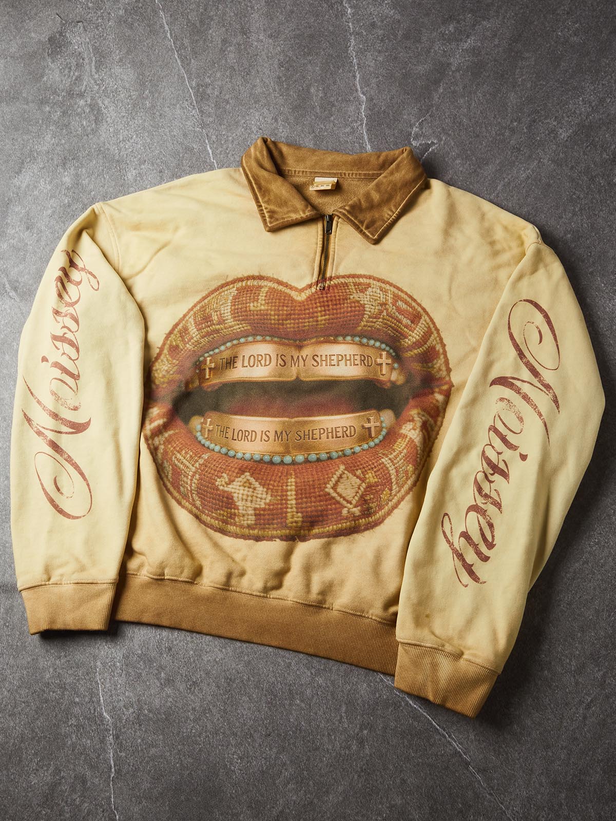 NOISSEY "The Lord Is My Shepherd" Woven Lips & Scripture Grillz Khaki Half-Zip Long Sleeve Polo