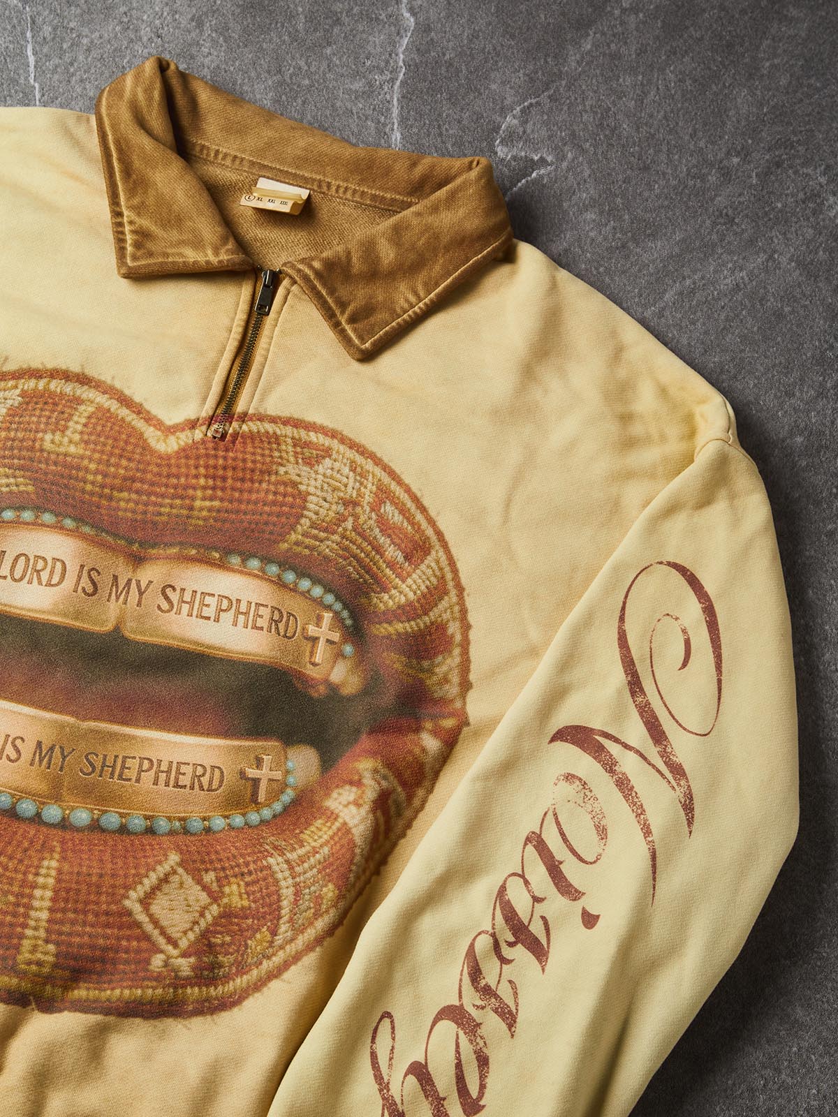 NOISSEY "The Lord Is My Shepherd" Woven Lips & Scripture Grillz Khaki Half-Zip Long Sleeve Polo
