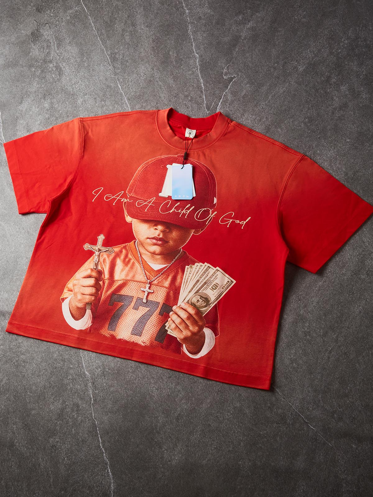 NOISSEY "I Am A Child Of God" Red Cap Kid Faith Graphic Orange-Red Gradient T-Shirt