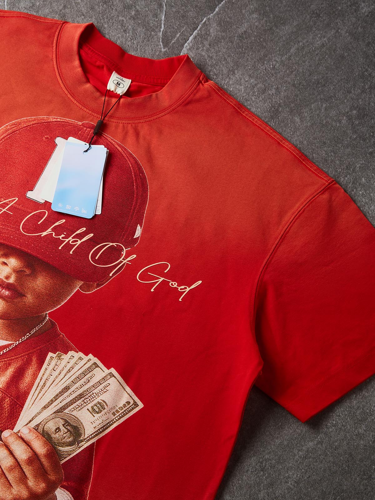 NOISSEY "I Am A Child Of God" Red Cap Kid Faith Graphic Orange-Red Gradient T-Shirt