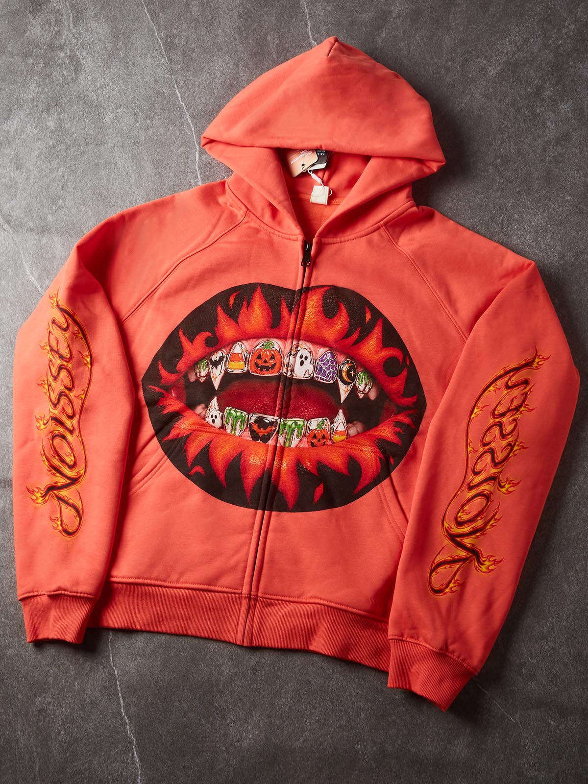 NOISSEY "Spooky Grillz" Flame Lips &amp; Halloween Diamond Grillz Orange Zip-Up Hoodie