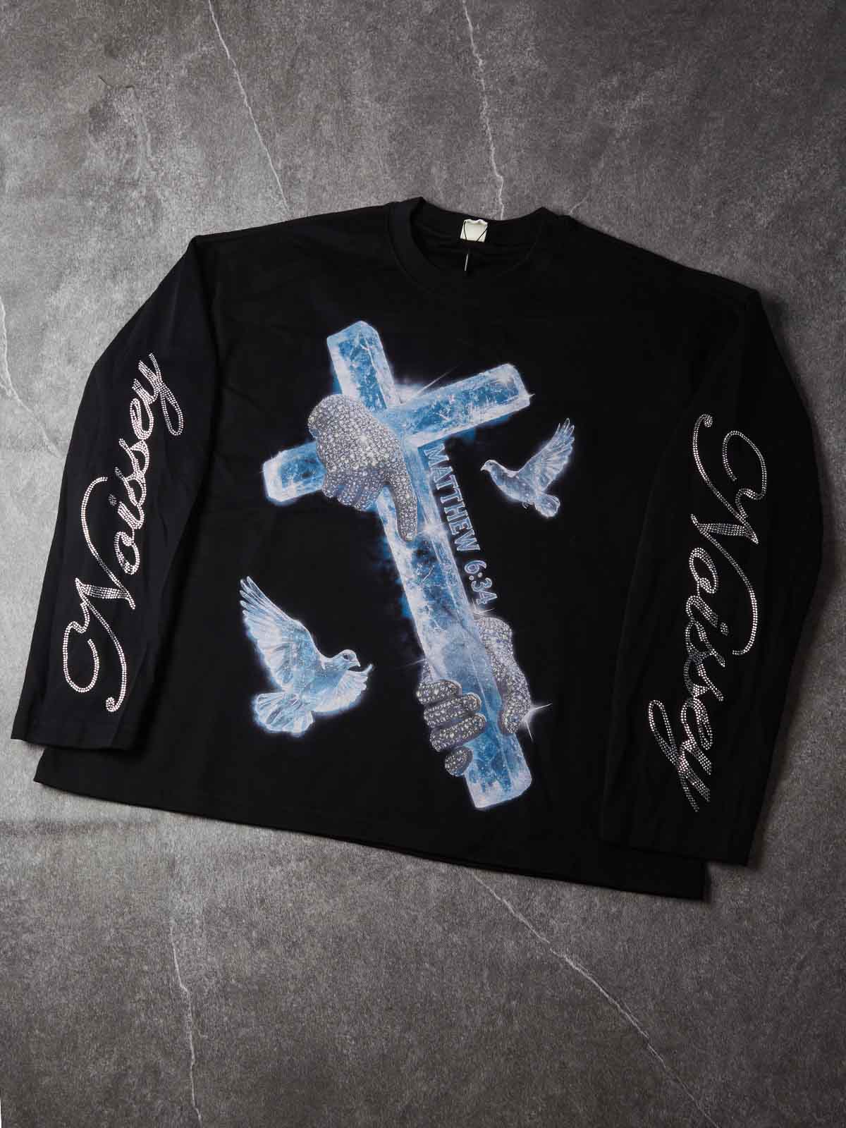 NOISSEY "Matthew 6:34" Crystal Cross & Diamond Hands Black Long Sleeve Tee