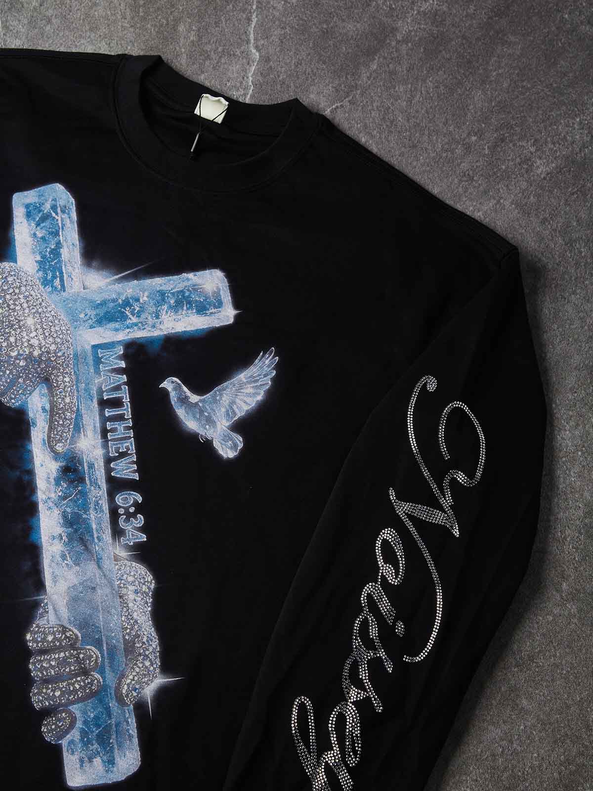 NOISSEY "Matthew 6:34" Crystal Cross & Diamond Hands Black Long Sleeve Tee