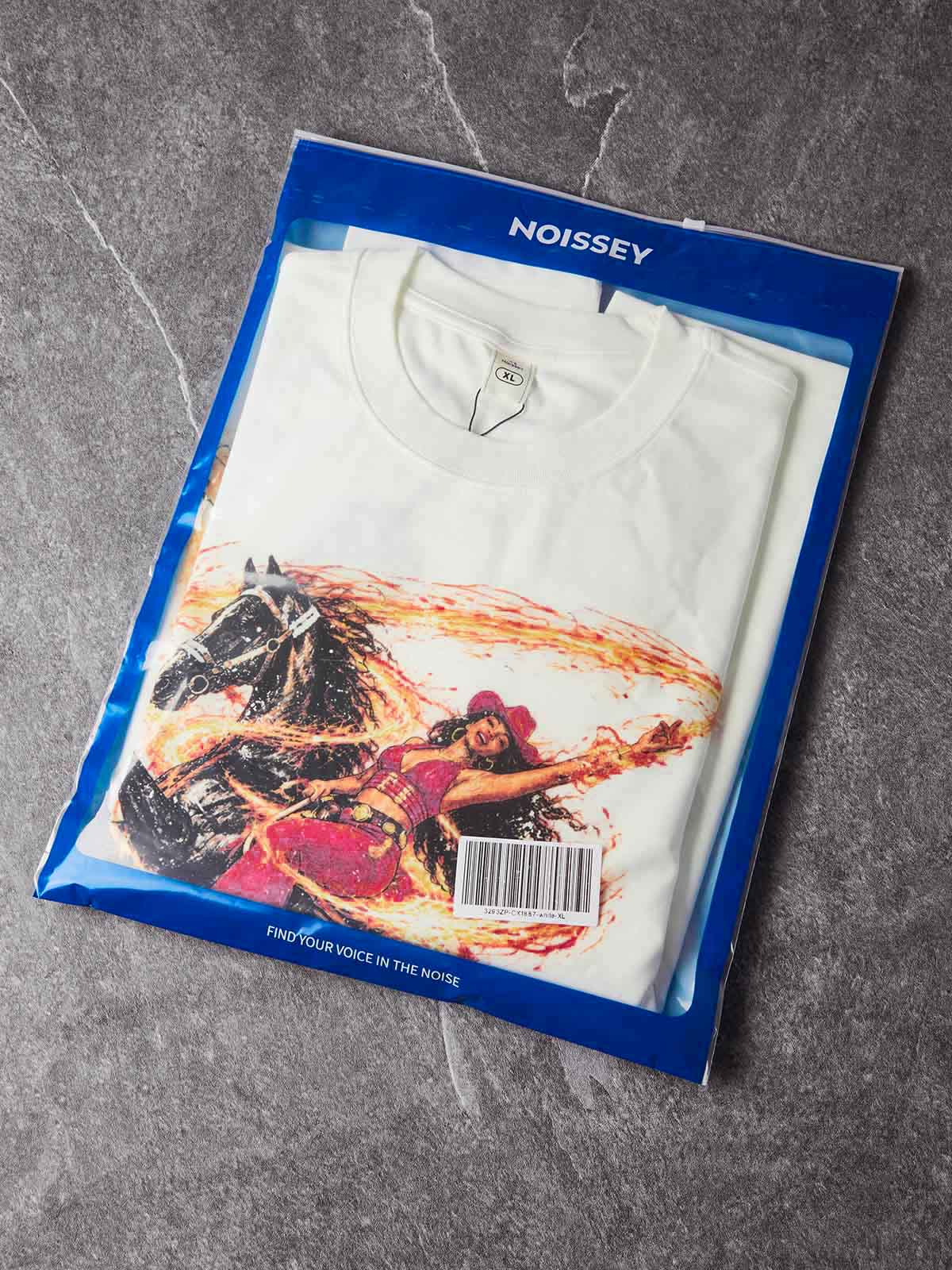 NOISSEY Wild Ride Cowboy Girl Flame Tornado Graphic Long Sleeve Tee – White