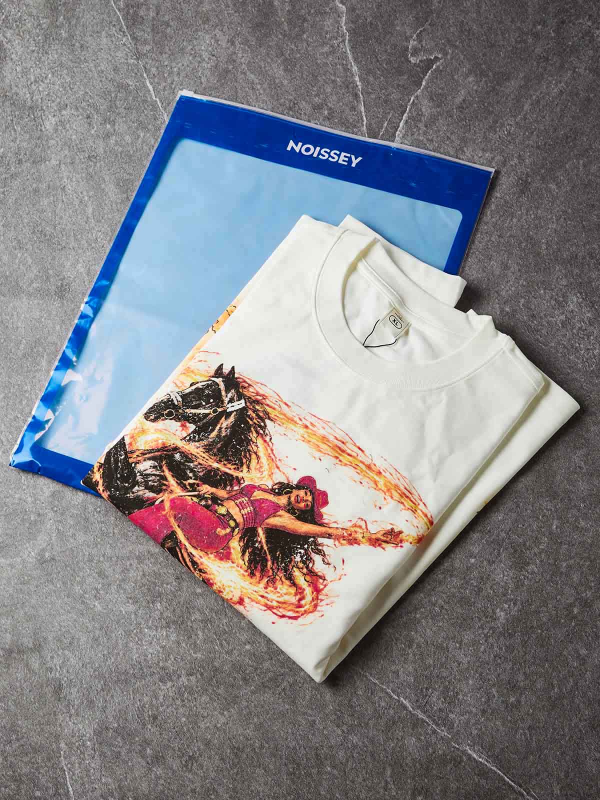 NOISSEY Wild Ride Cowboy Girl Flame Tornado Graphic Long Sleeve Tee – White