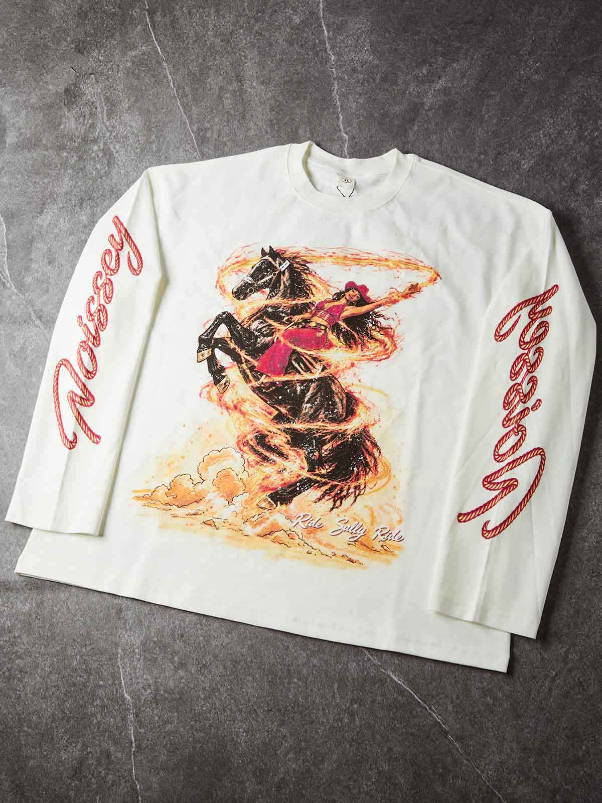 NOISSEY Wild Ride Cowboy Girl Flame Tornado Graphic Long Sleeve Tee – White