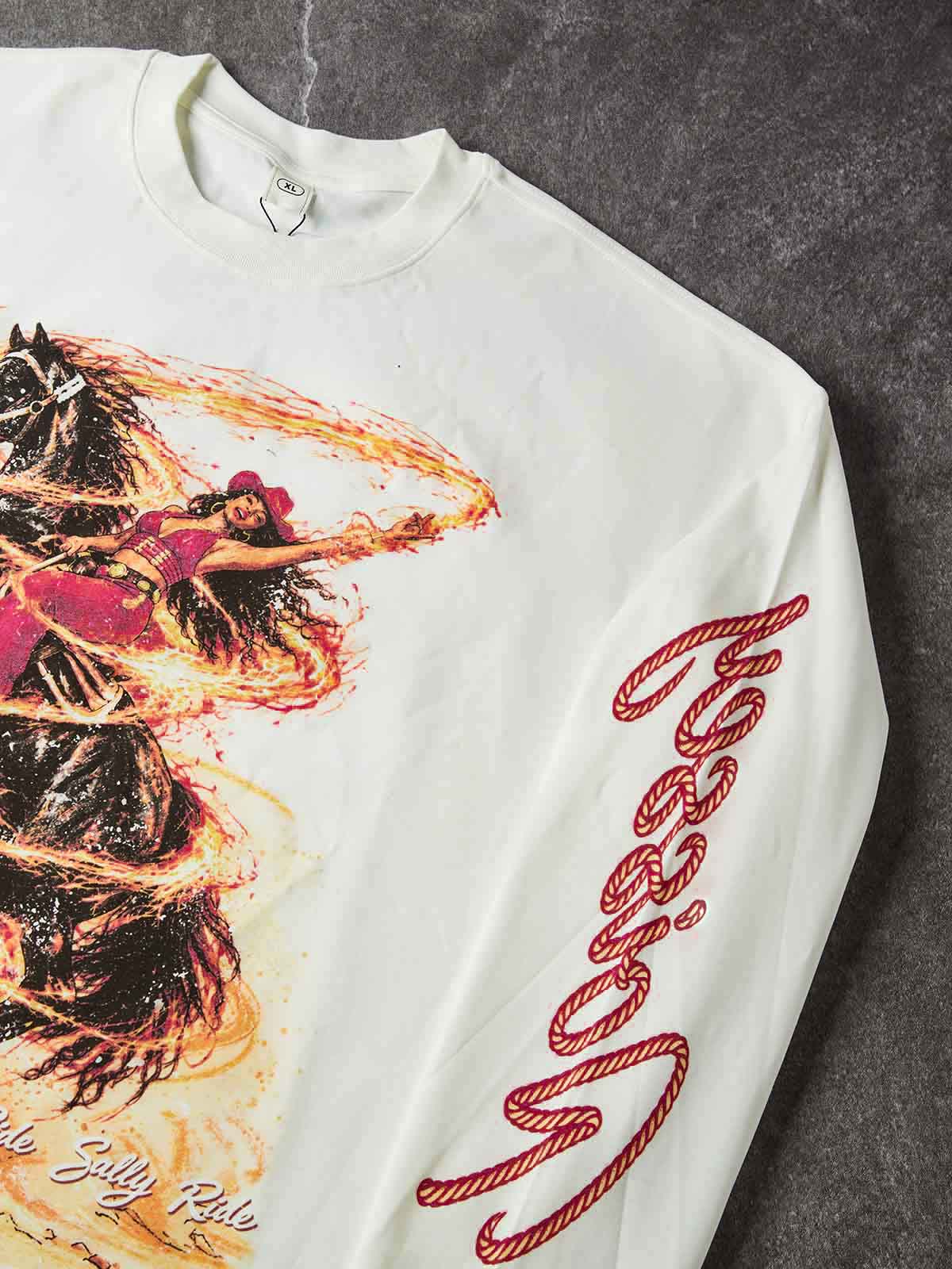 NOISSEY Wild Ride Cowboy Girl Flame Tornado Graphic Long Sleeve Tee – White