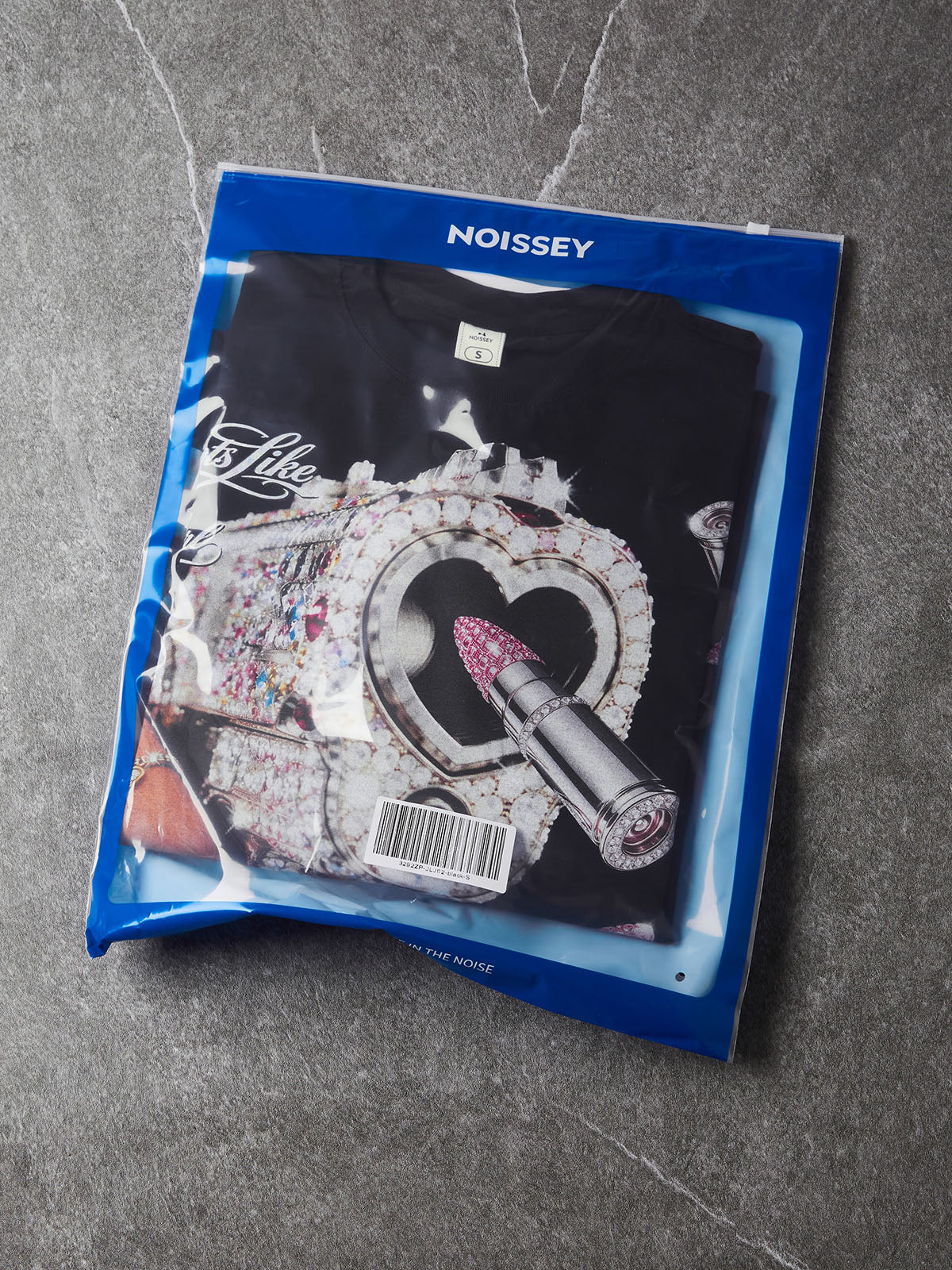 NOISSEY Rhinestone Gun & Pink Lipstick Graphic Faux Layer Long Sleeve Tee – Black